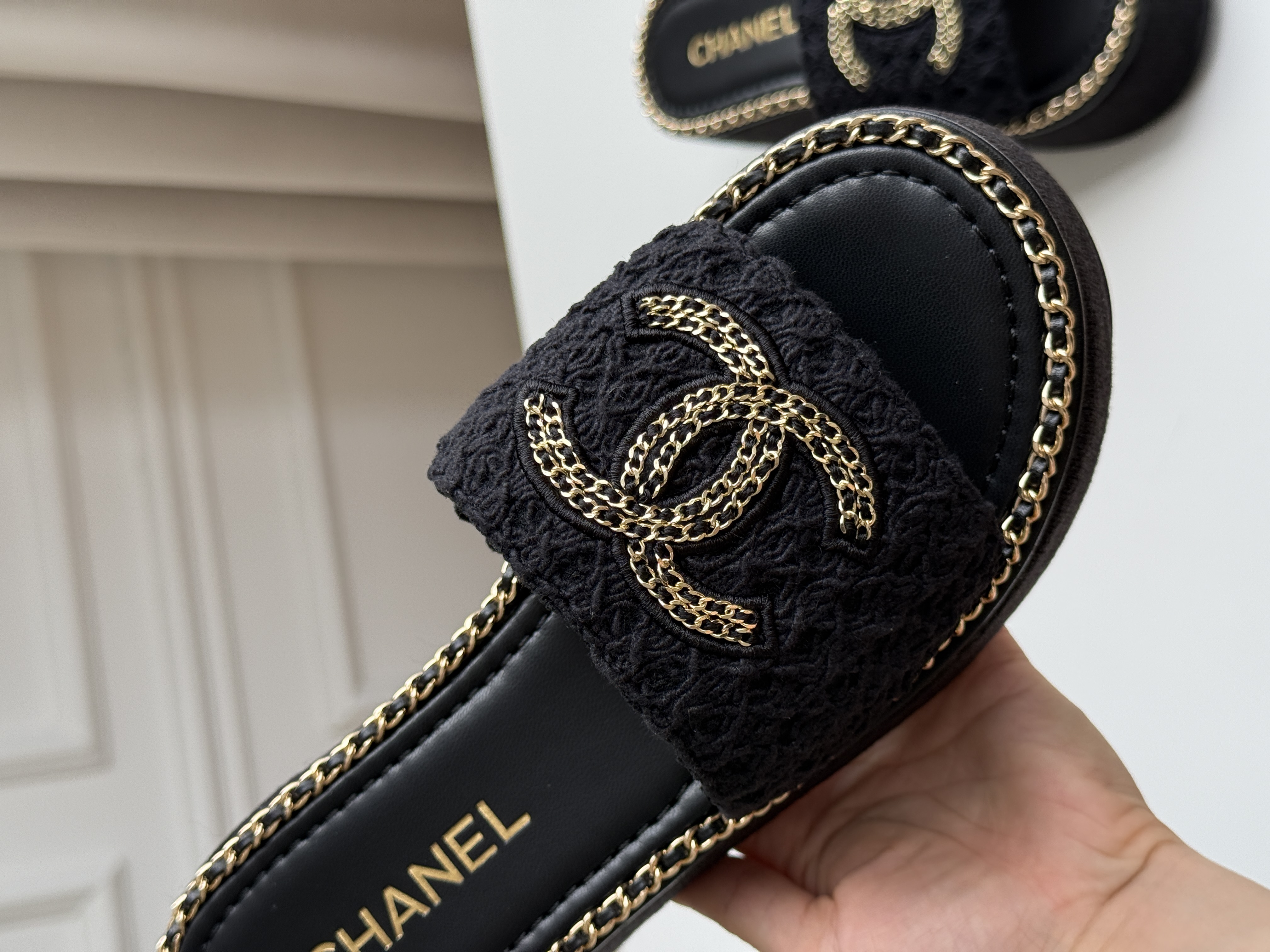CHANEL Crochet Slide Sandals with Interlocking CC Logo