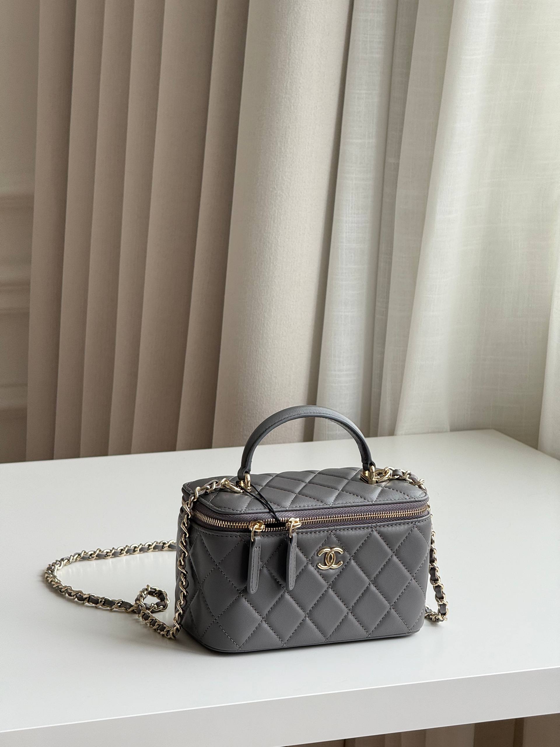 CHANEL Grey Quilted Lambskin Vanity Case with Top Handle & Chain Strap