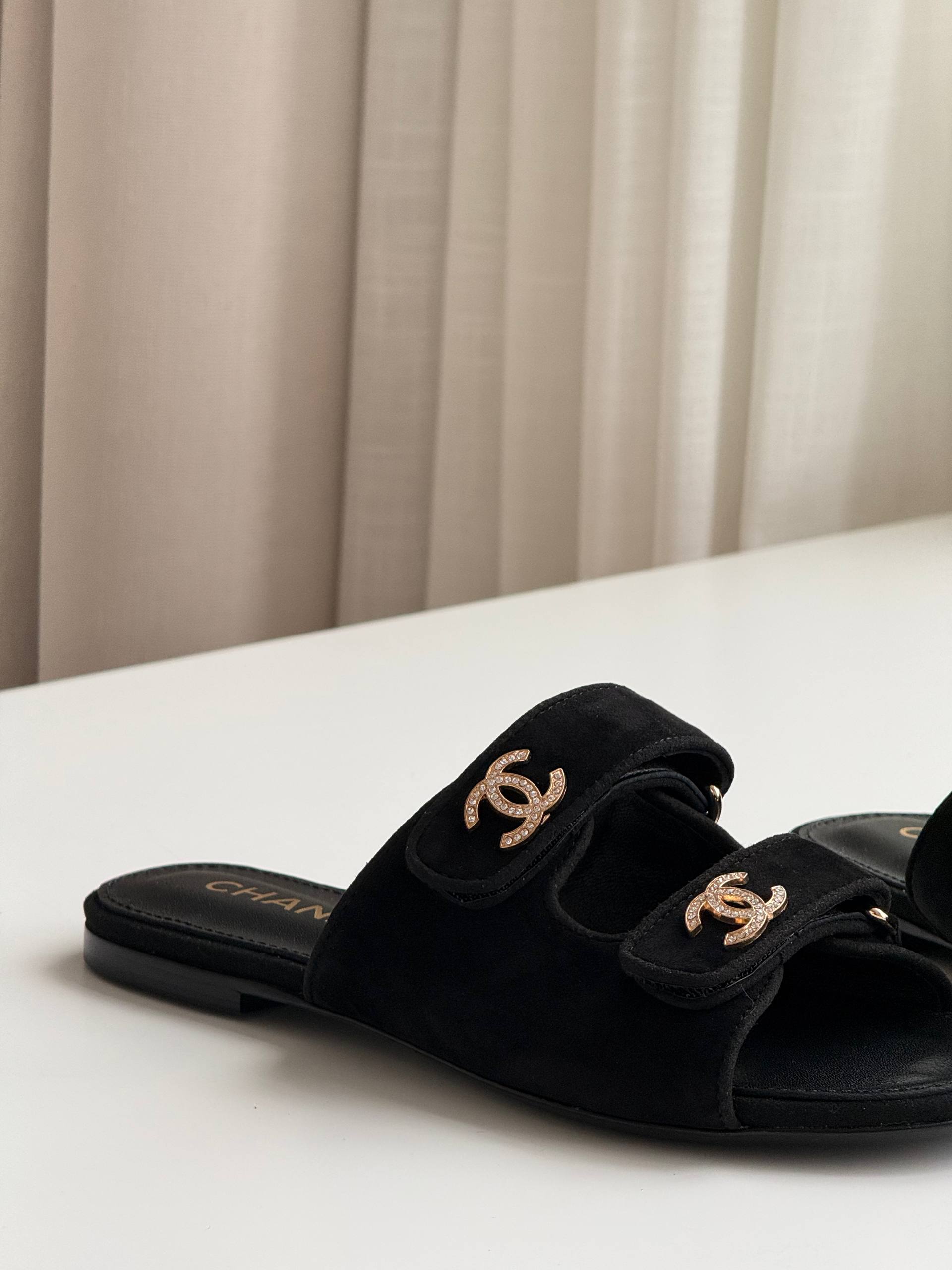Chanel Suede Double Strap Slide Sandals with Crystal CC Turnlocks