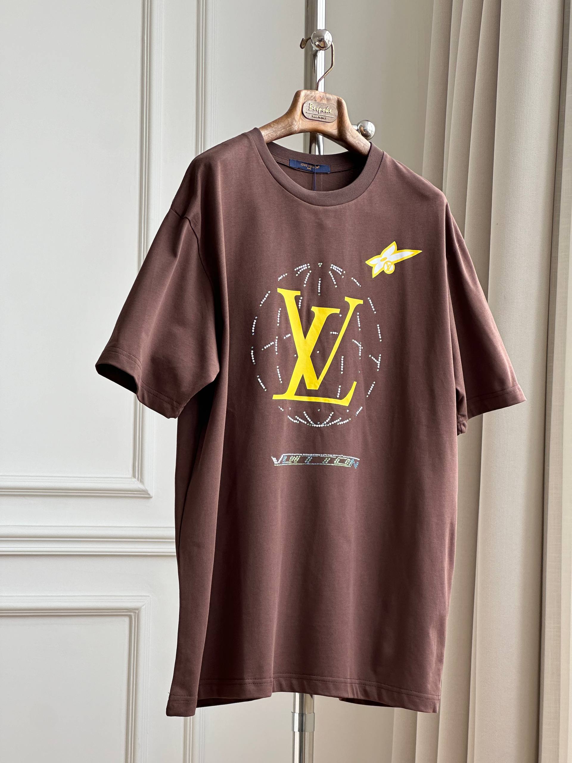 Louis Vuitton Big LV Rhinestone & Butterfly Print Coffee Loose Short Sleeve T-shirt