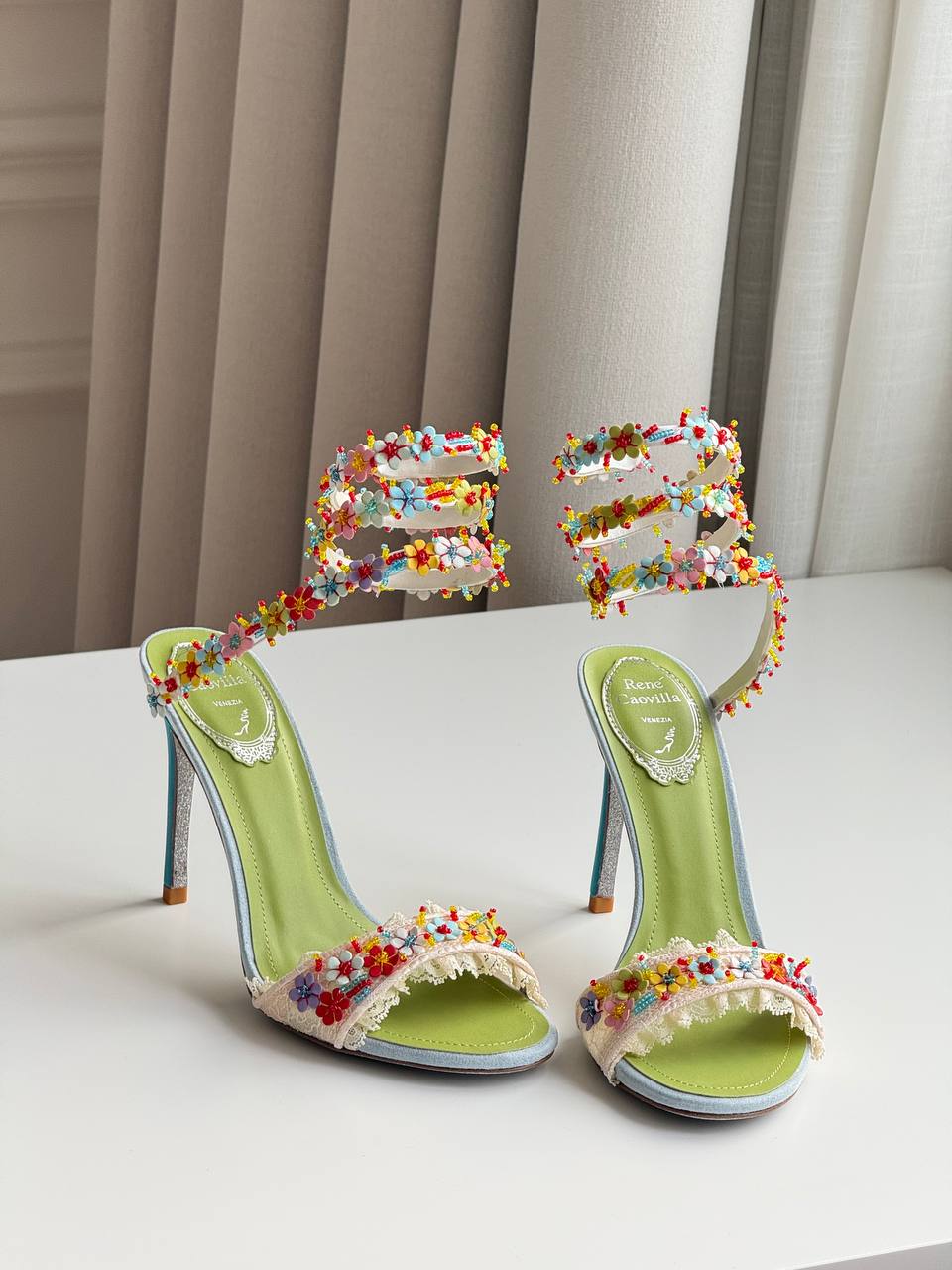 René Caovilla Floriane Multicolor Flower Embroidered Lace Wrap-Around Sandals