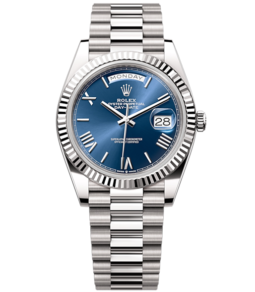 Rolex Day-Date 40 Presidential Blue dial, Fluted Bezel, President bracelet, White gold Watch【1:1 Replica】