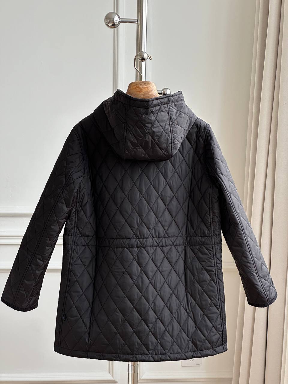 Black Diamond Quilted Hooded Drawstring Mid-Length Lightweight Padded Coat