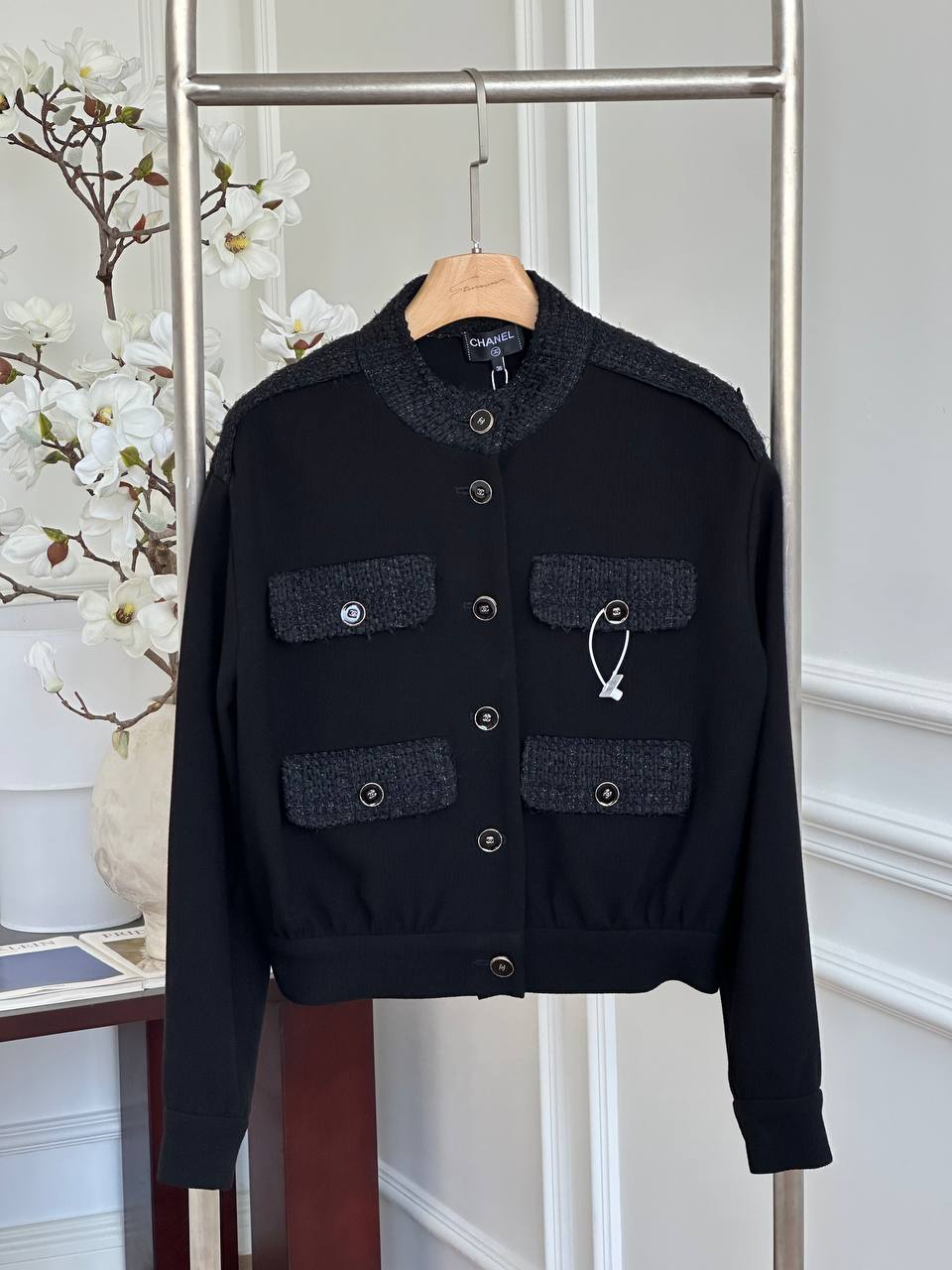 Chanel Black Tweed Spliced Stand Collar Cropped Bomber Jacket