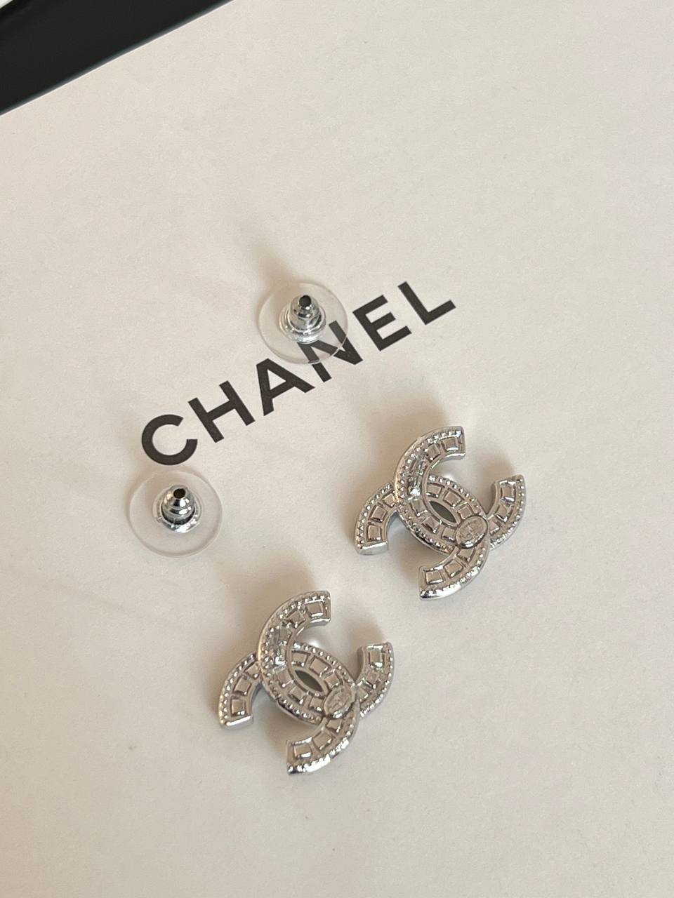 CHANEL Full Crystal Silver Interlocking CC Drop Earrings