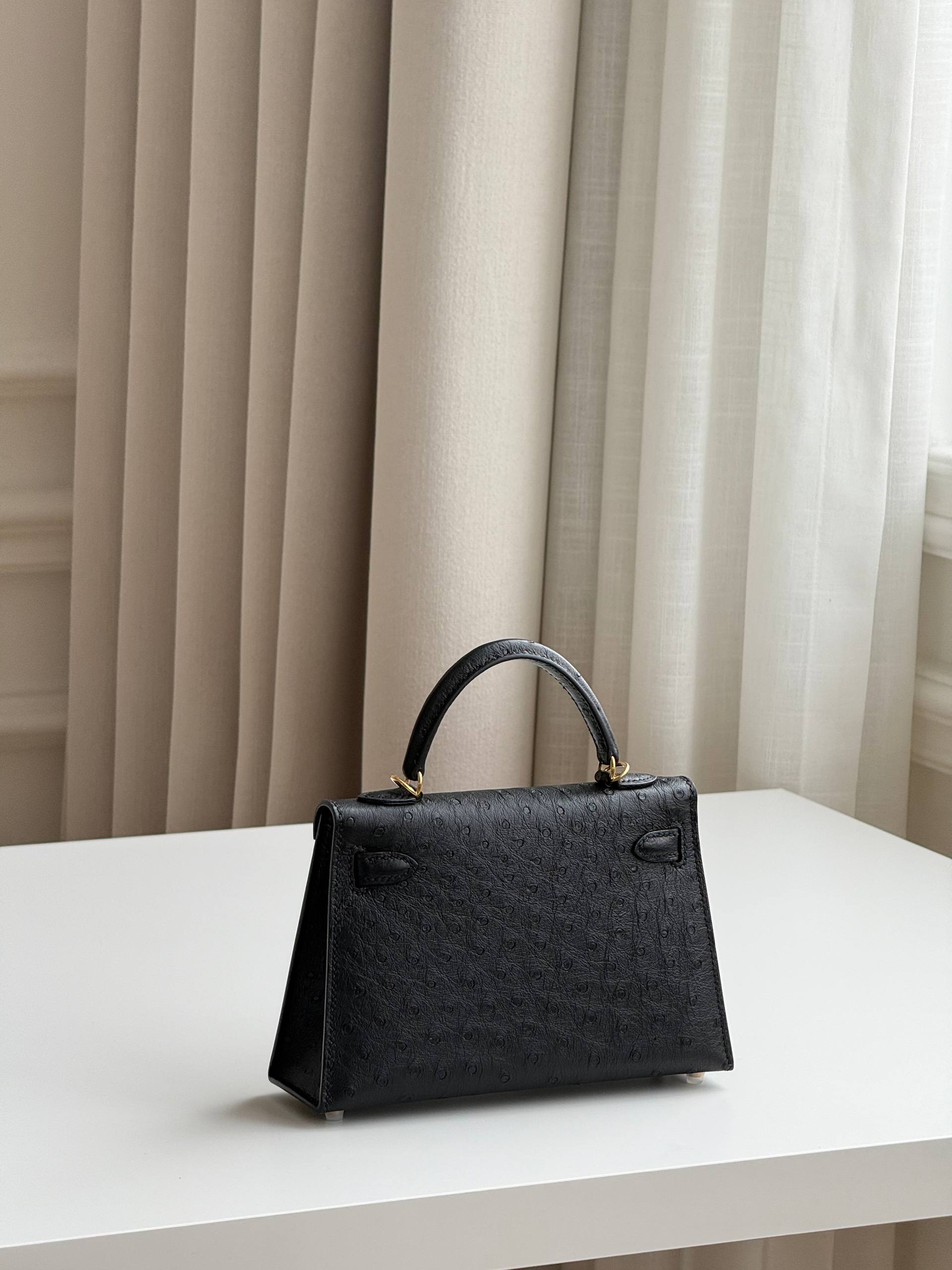 Mini Kelly 2 Ostrich Black Gold Hardware