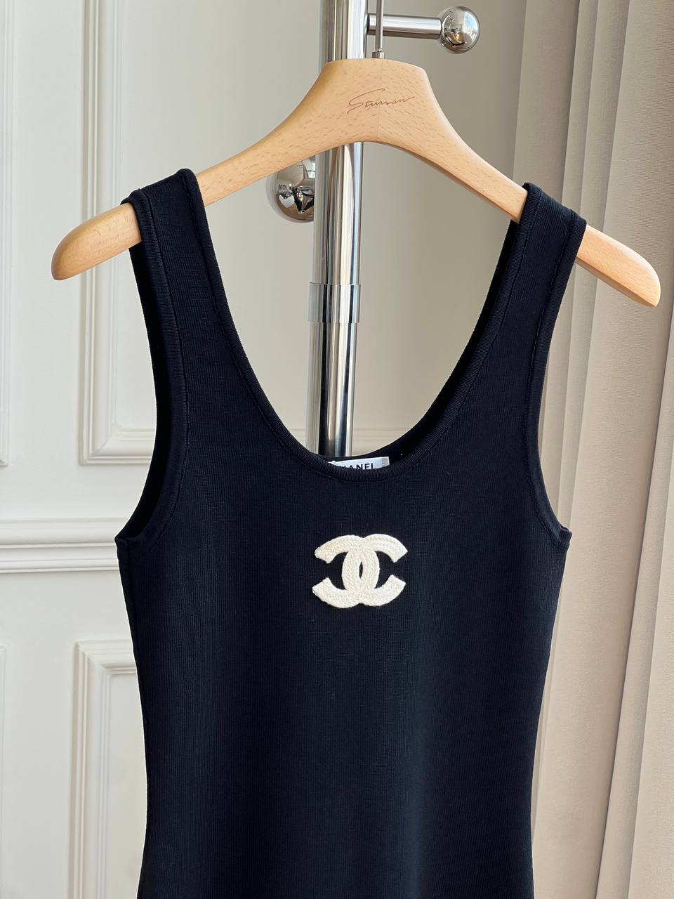Chanel CC Embroidery U-Neck Slim Knit Sleeveless Maxi Dress