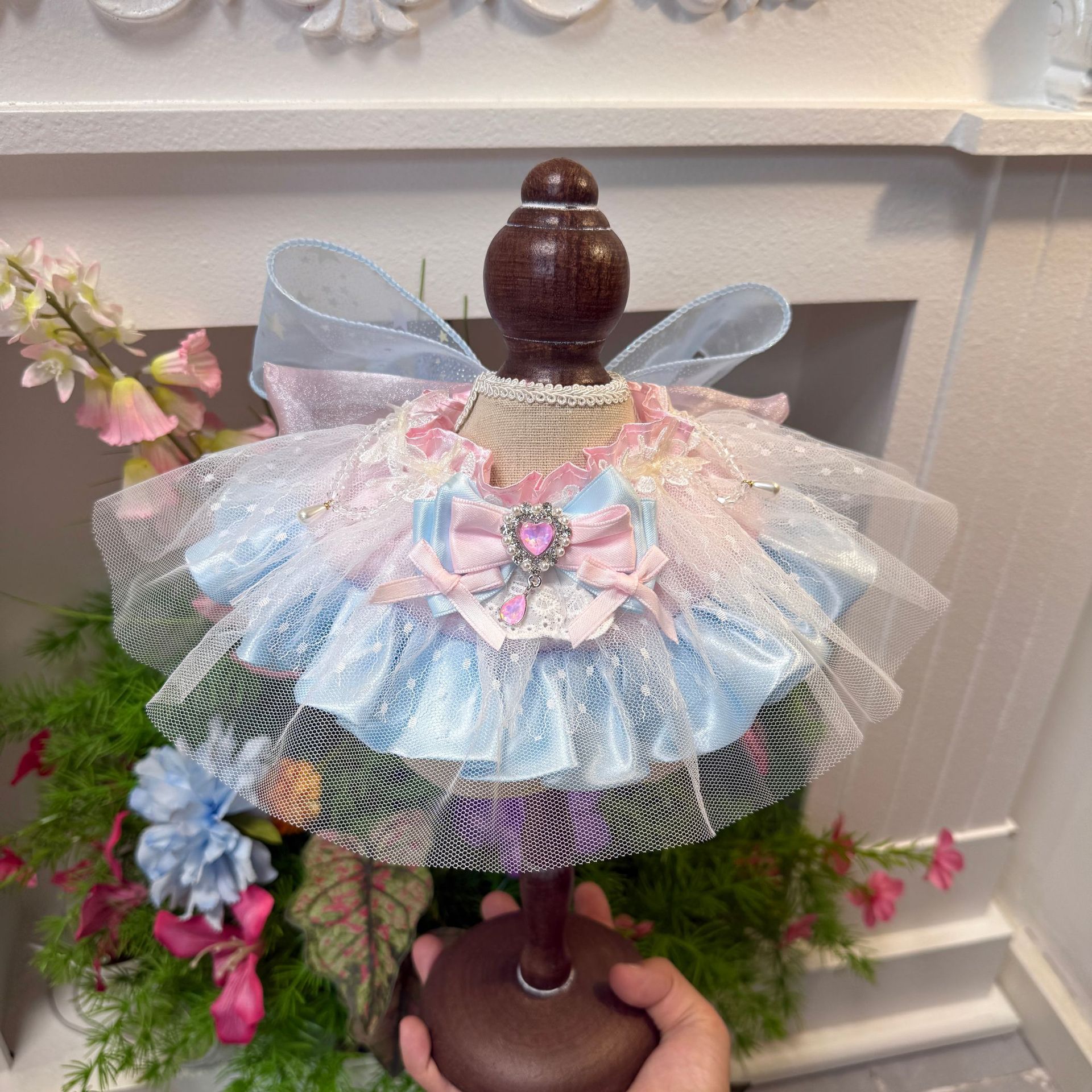 Hand-crafted Pastel Fantasy Pink Blue Lace Ruffle Pet Bib Princess Style Elastic Neck Scarf with Bow Gem Decor - MAISONKAIRON