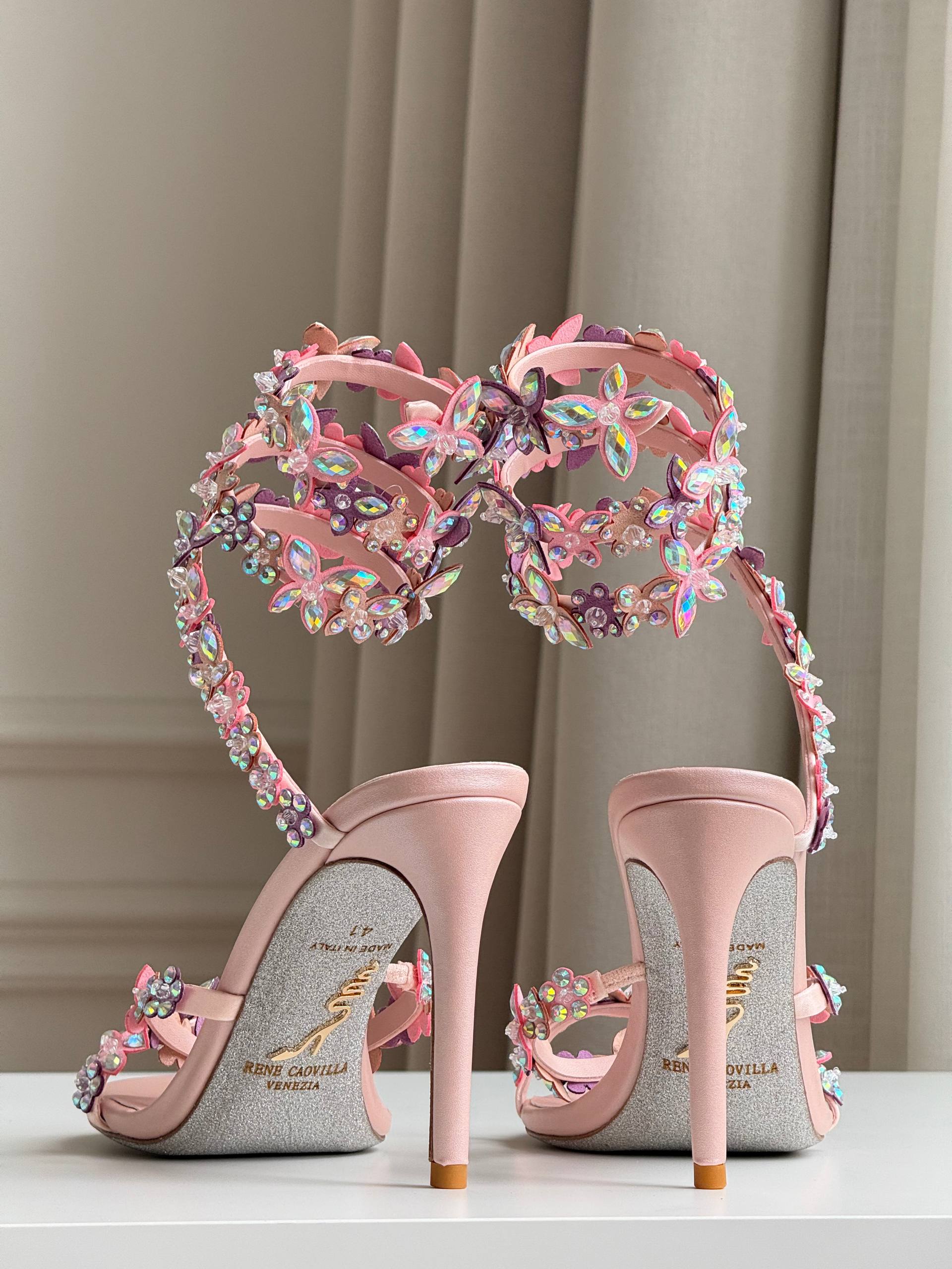 Rene Caovilla Iridescent Crystal Butterfly Wrap-Around Ankle Strap High Heel Sandals