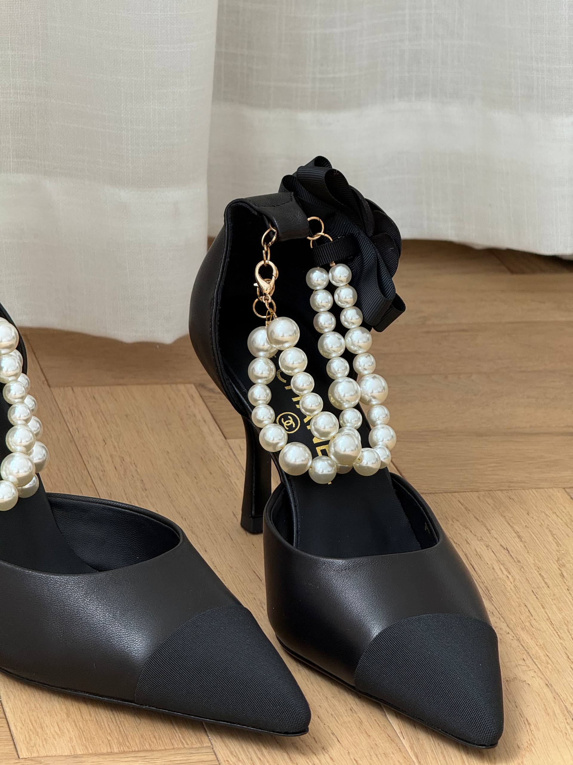 CHANEL Camellia Bow Pearl Ankle Strap Pointed Toe High Heel Sandals