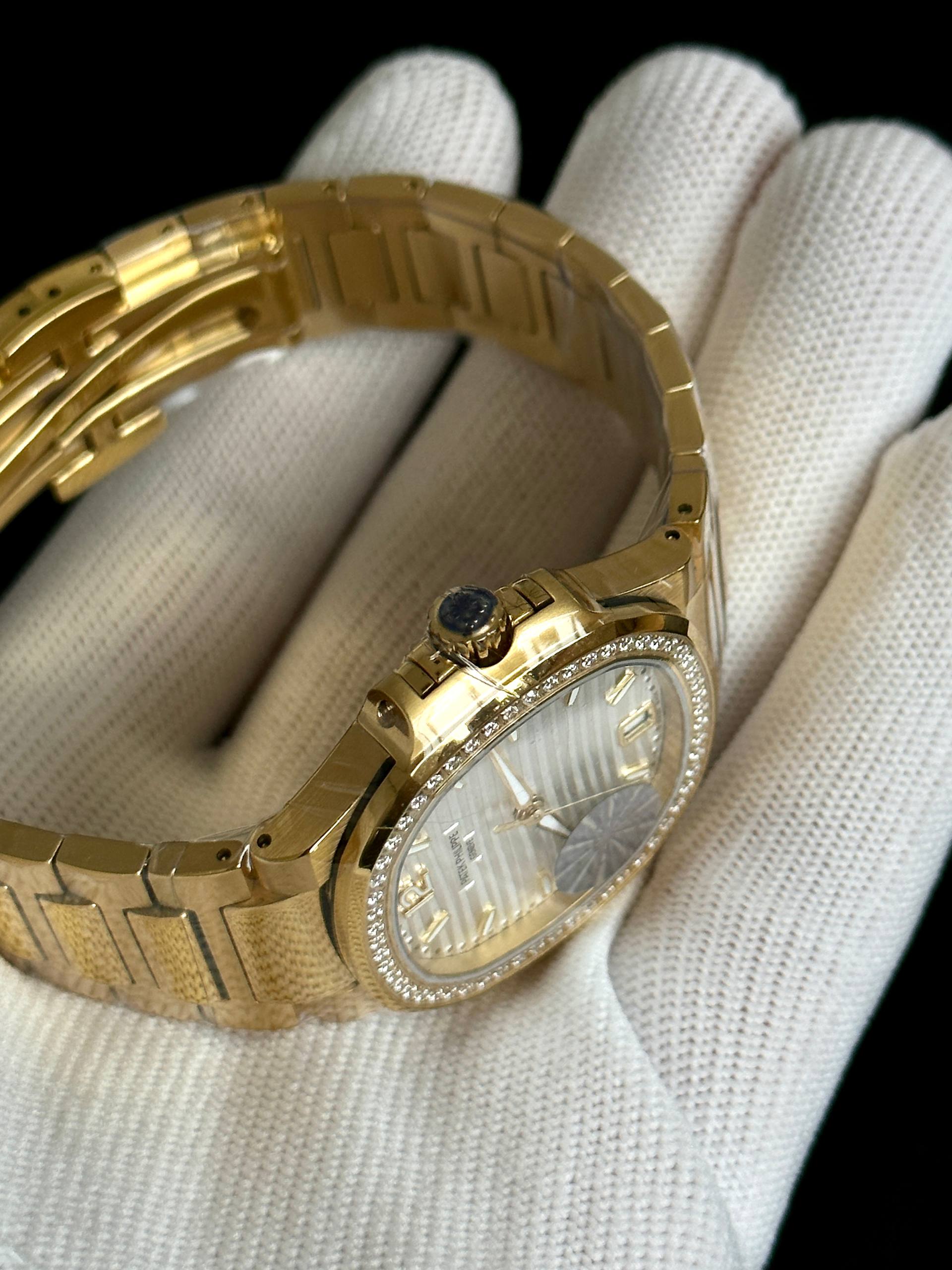 Patek Philippe Nautilus Full Yellow Gold Diamond Bezel White Dial Automatic Watch