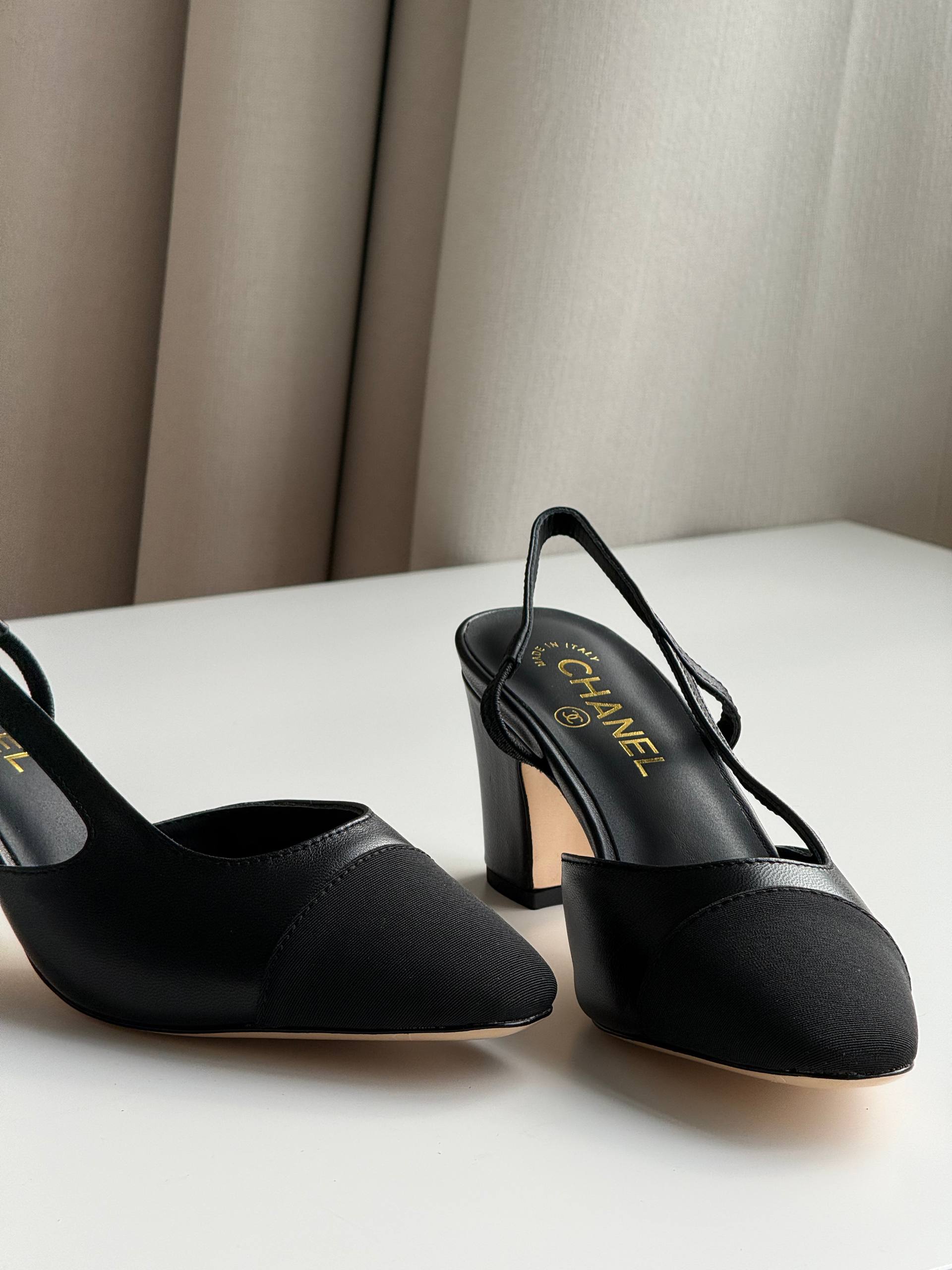 Chanel Two-Tone Slingback Block Heel Sandals