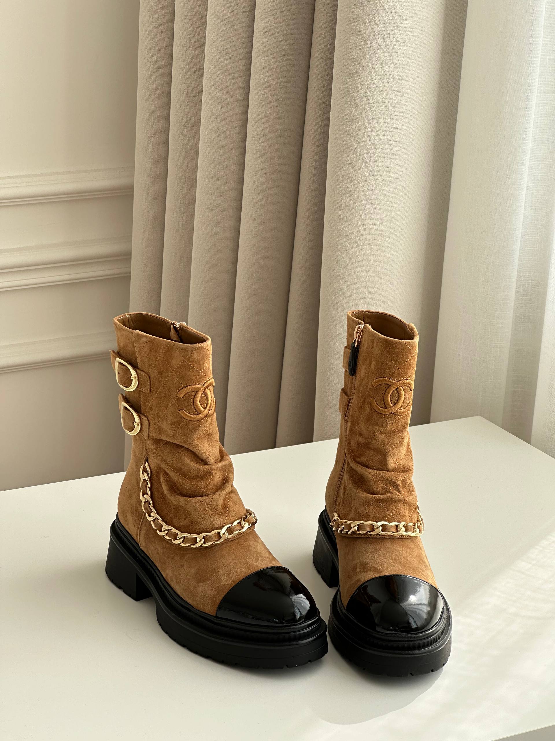 Chanel Quilted Suede & Patent Calfskin Cap-Toe Ankle Boots with Chain Detail