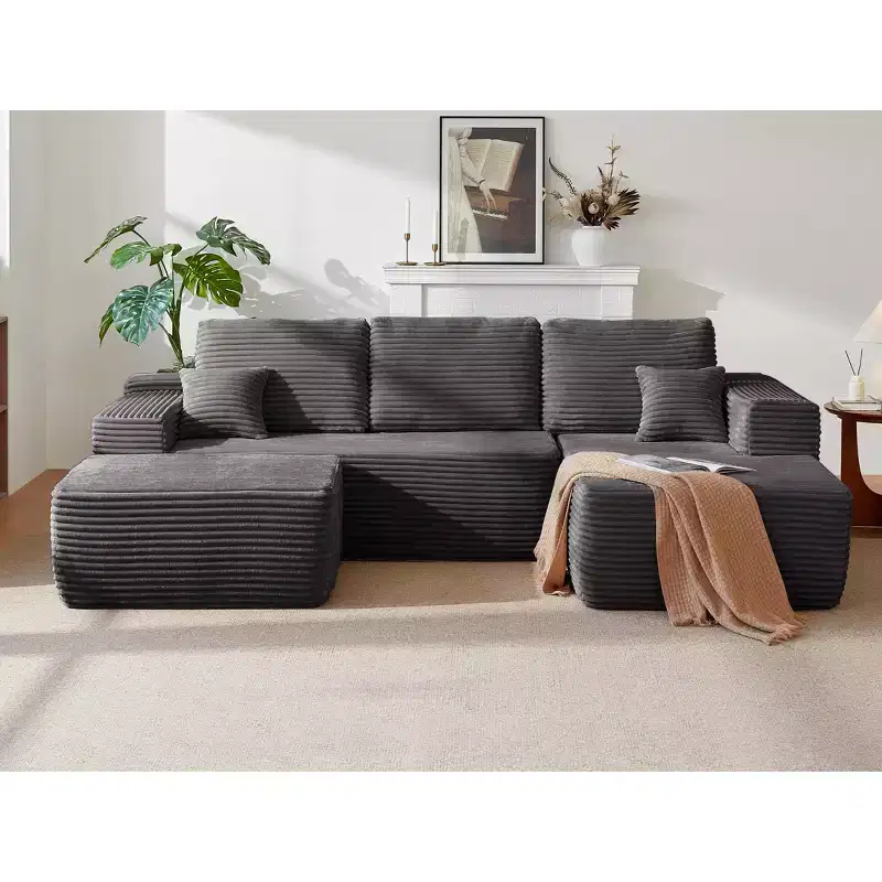 Canapé d'angle en U de 264 cm - Méridienne profonde, velours côtelé moelleux, poches latérales, gris