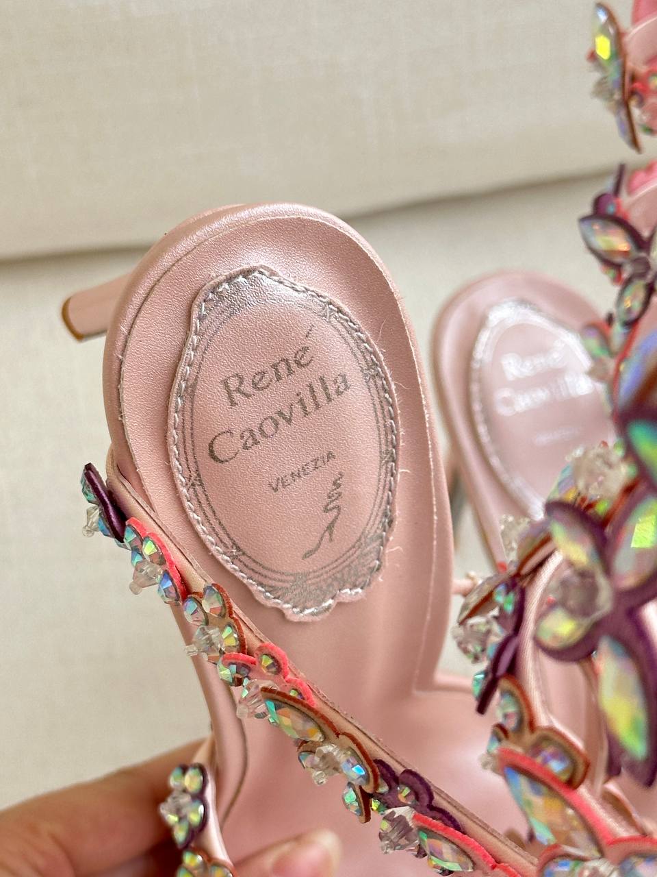 Rene Caovilla Iridescent Crystal Butterfly Spiral-wrap Stiletto Sandals