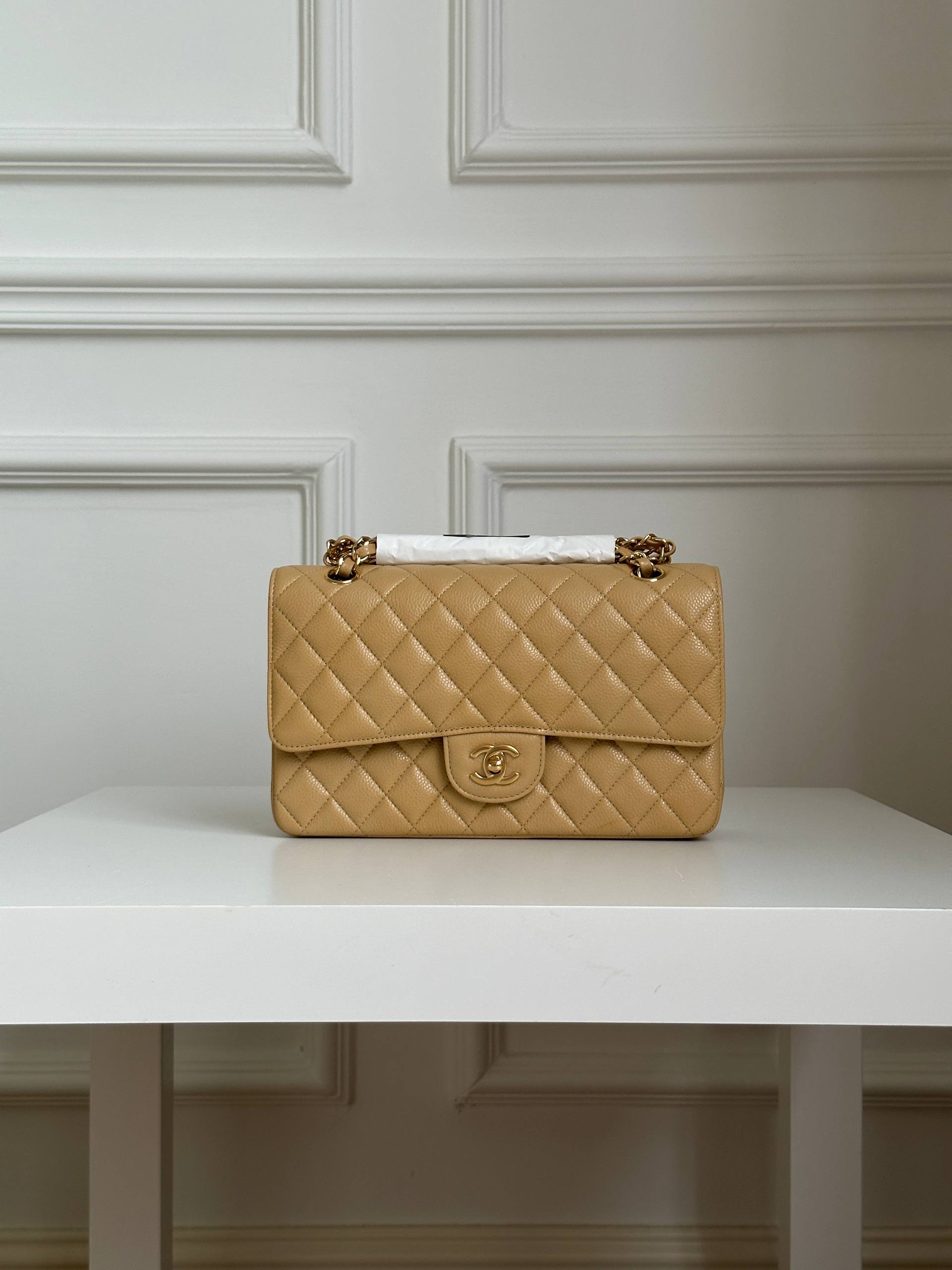 Chanel Medium Classic Flap Beige Caviar Leather Quilted Chain Bag