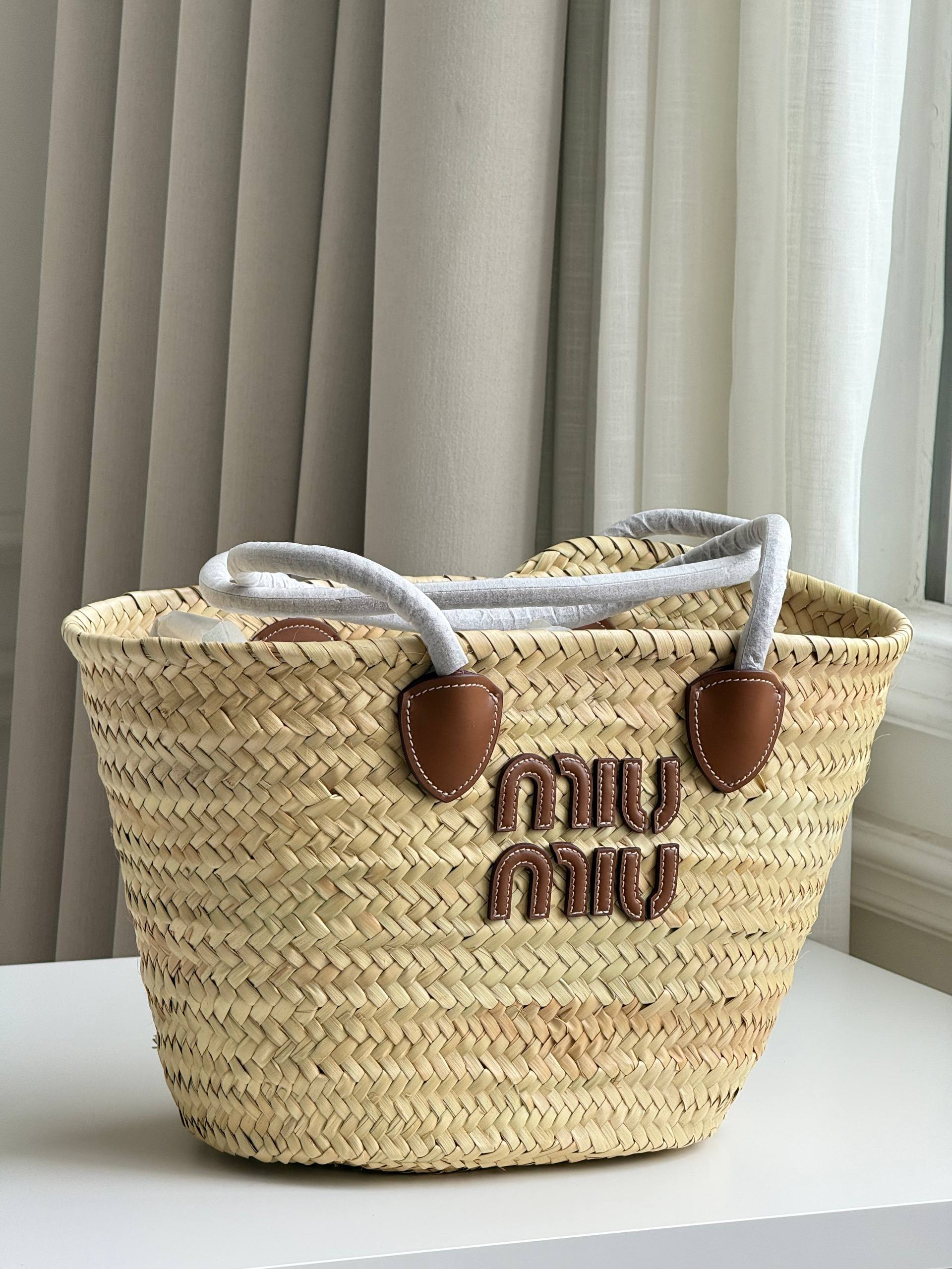Miu Miu Straw Basket Tote Bag With Leather Logo