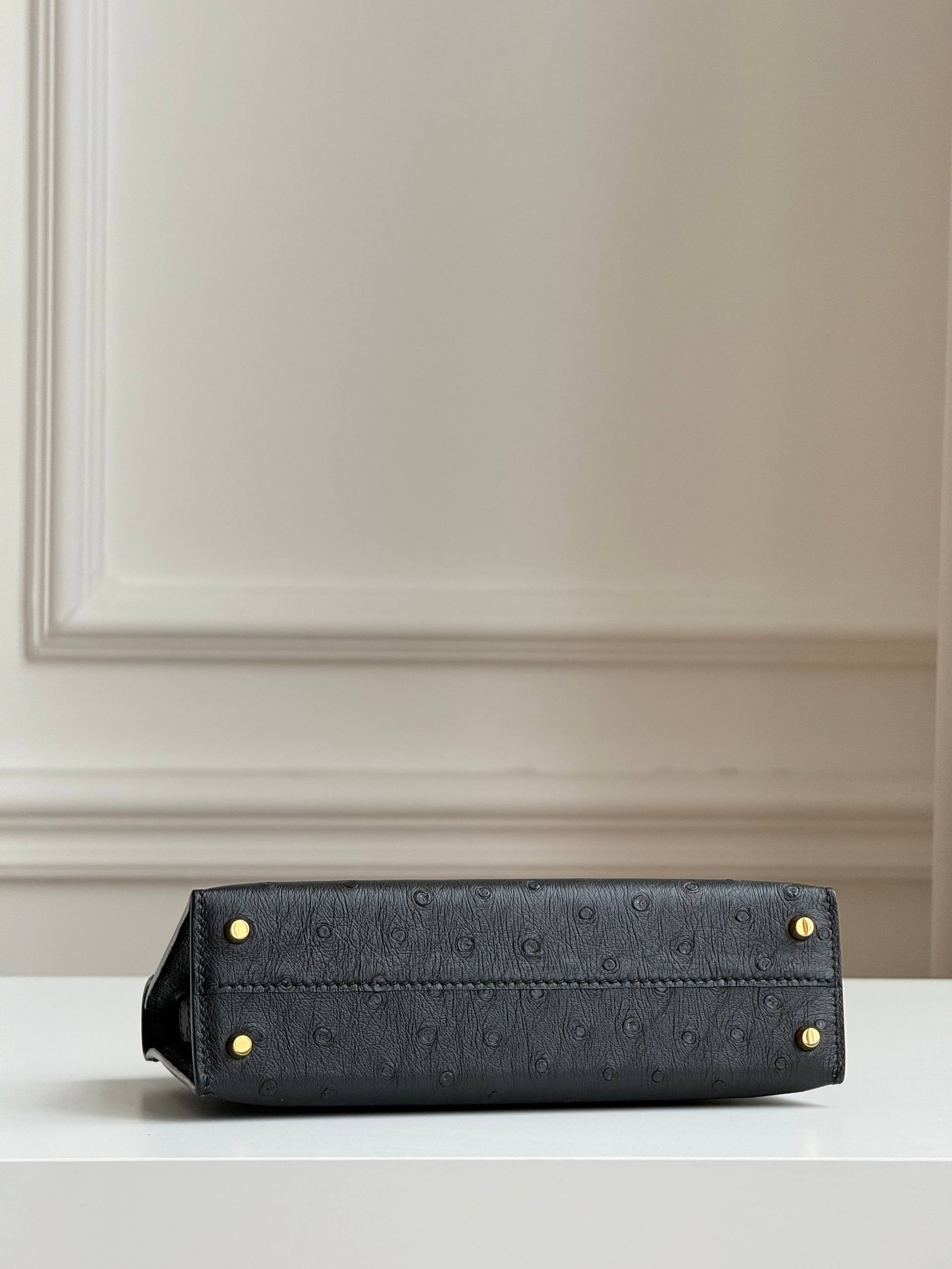 Mini Kelly 2 Ostrich Black Gold Hardware