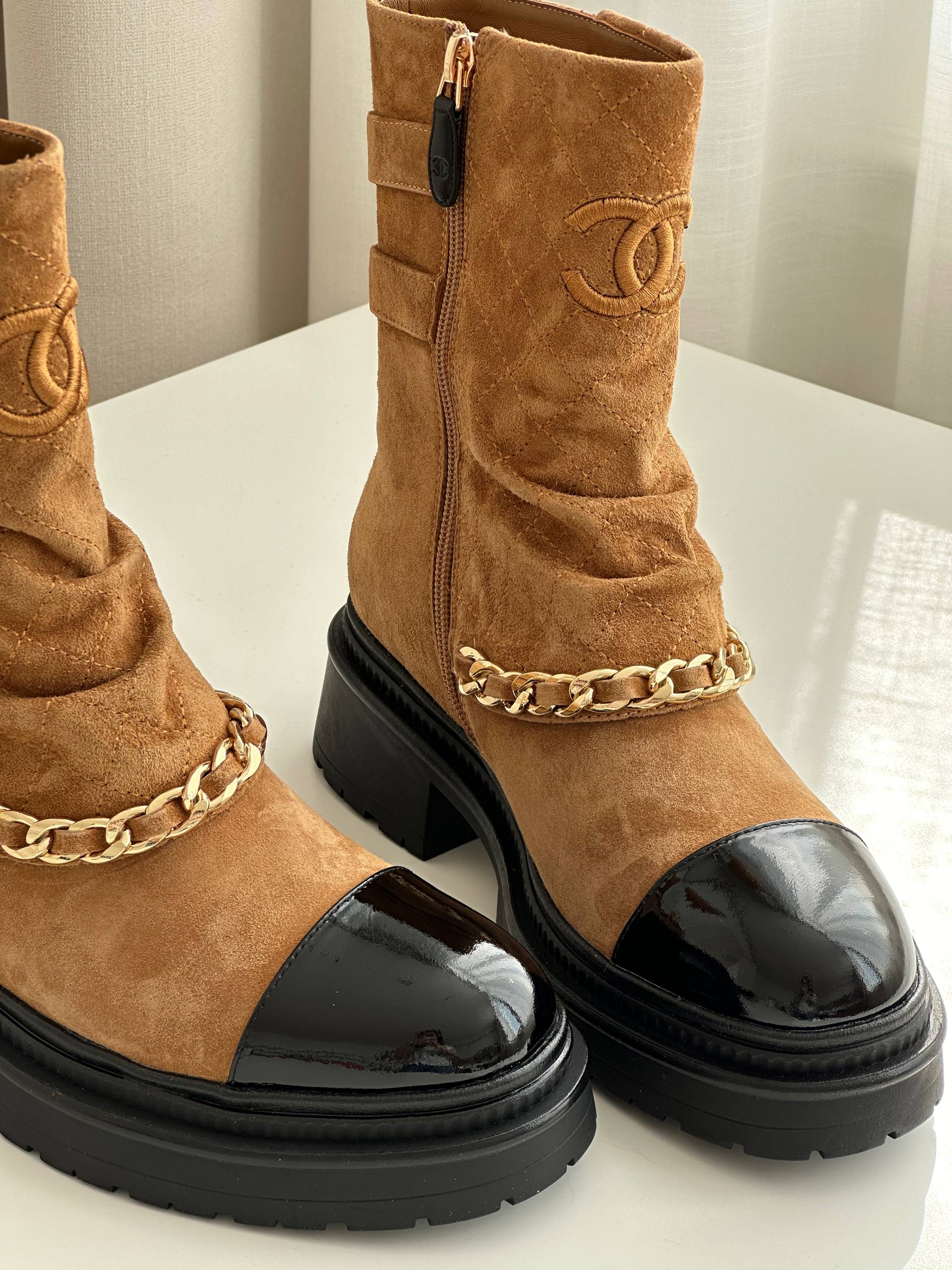 Chanel Quilted Suede & Patent Calfskin Cap-Toe Ankle Boots with Chain Detail