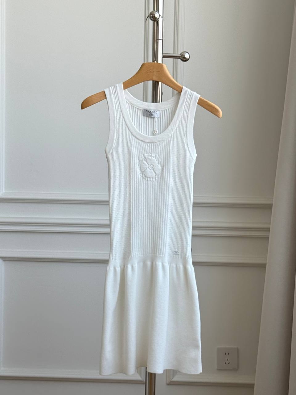 CHANEL Camellia Jacquard Sleeveless Knit Dress