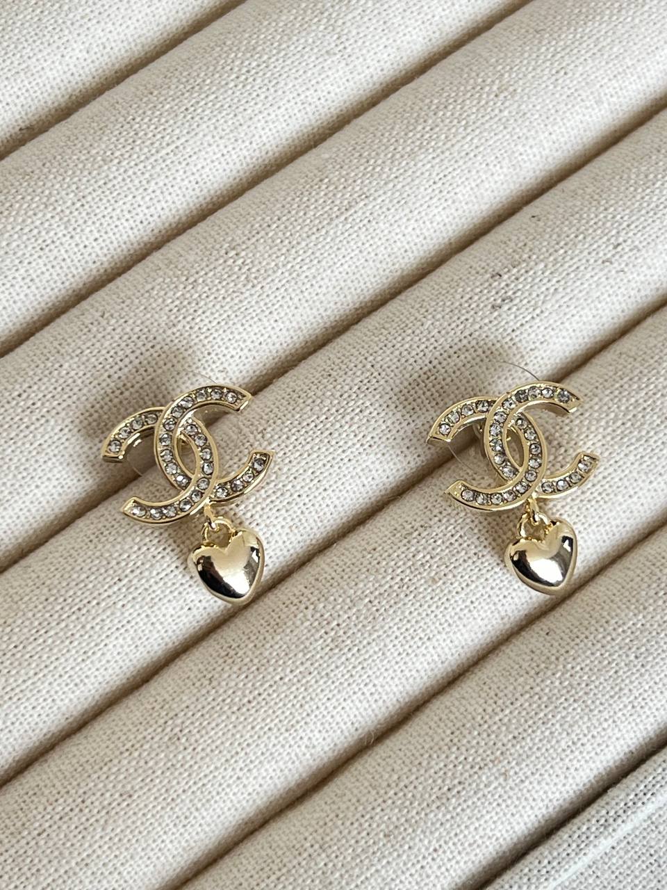 Chanel Crystal Interlocking CC Heart Drop Earrings