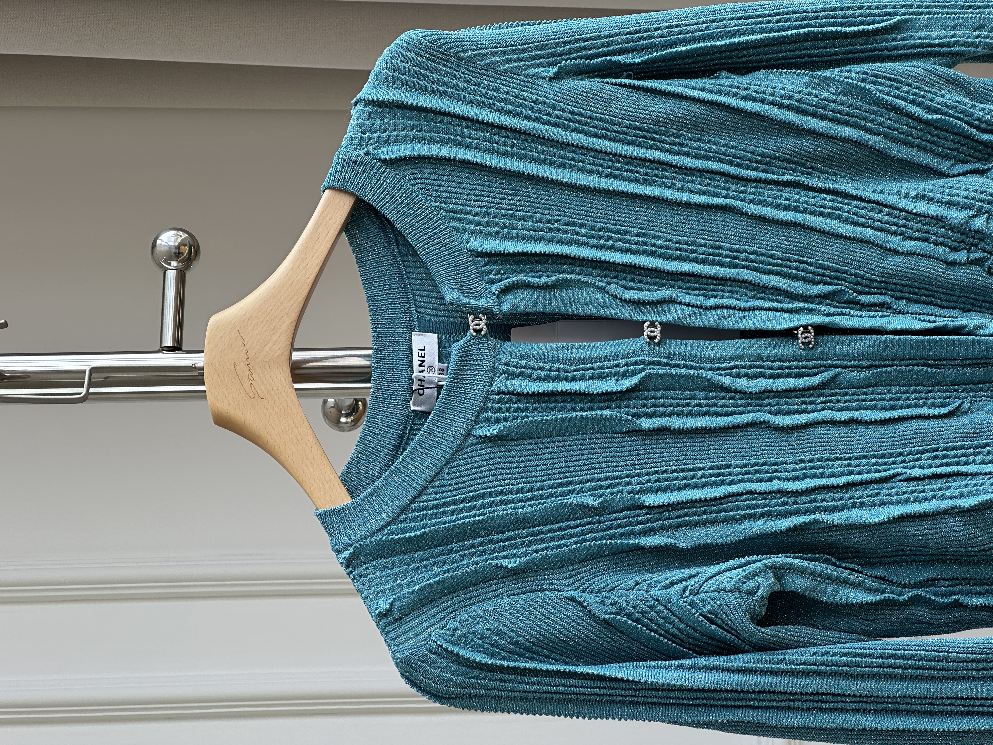 Chanel Peacock Blue Textured Vertical Rib Knit Cropped Cardigan With Silver Interlocking CC Buttons