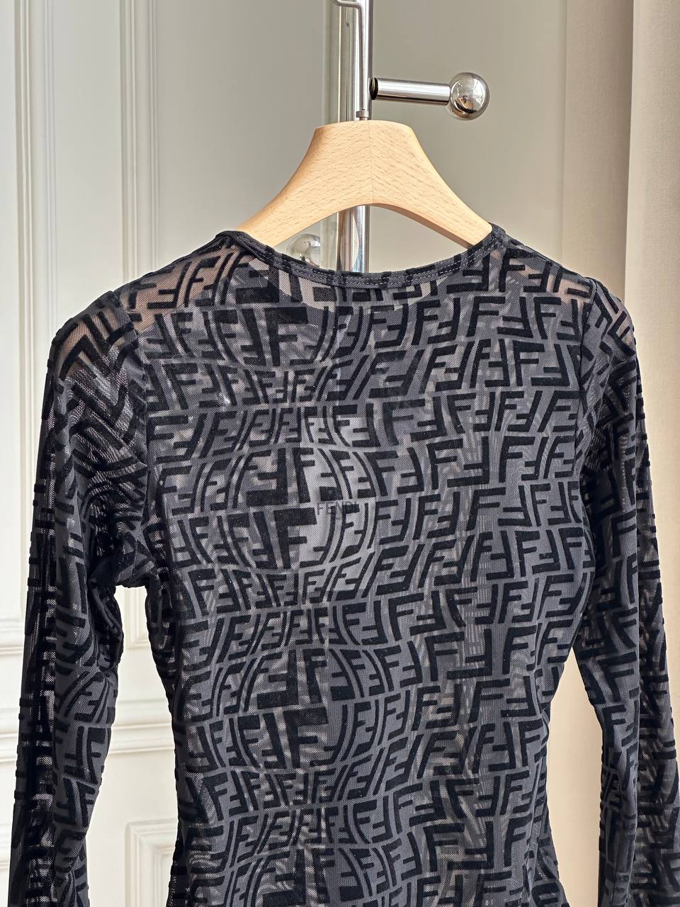 Fendi FF Logo Flocked Mesh Long-Sleeve Bodysuit