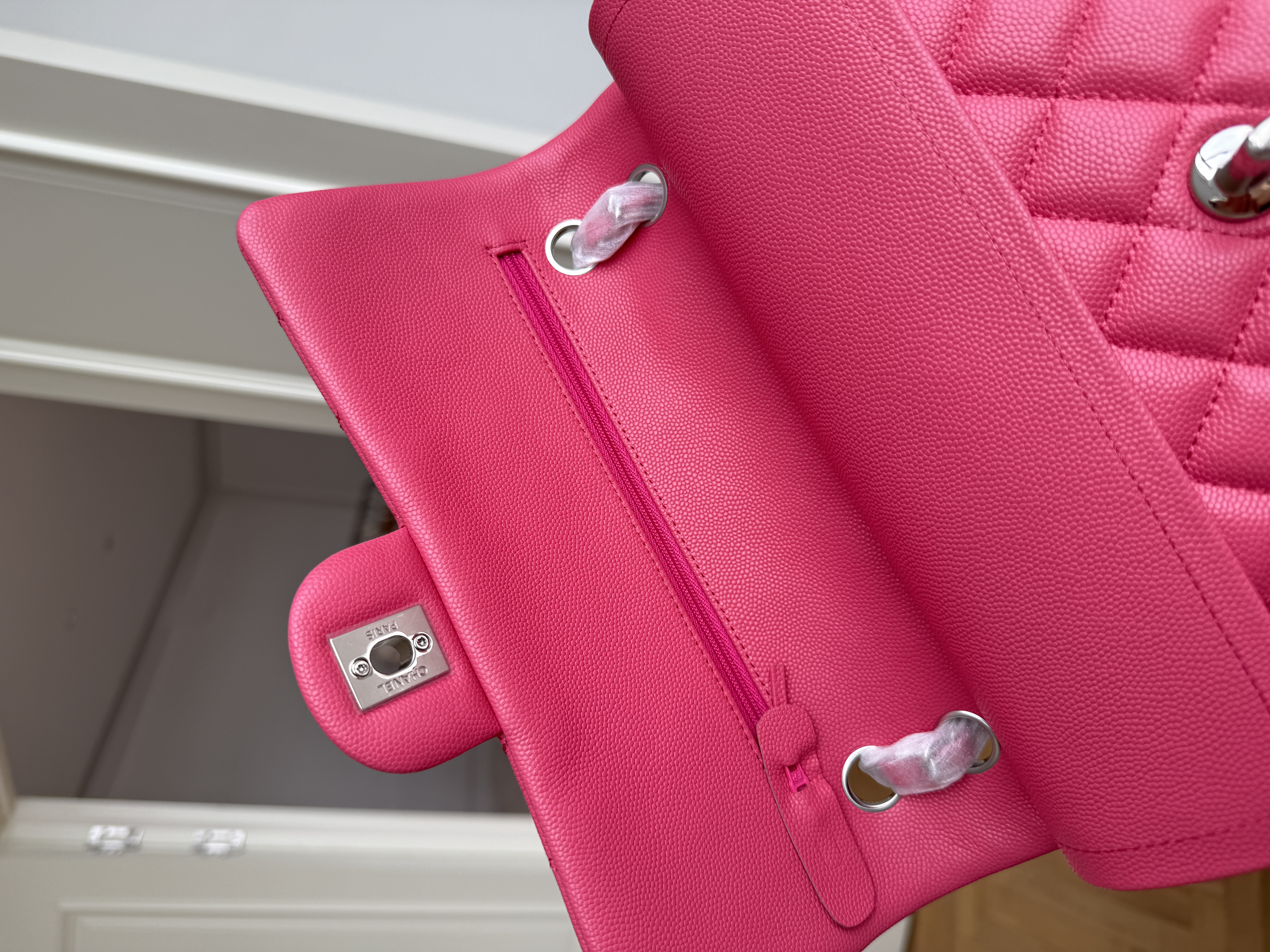 Chanel Medium Classic Flap Hot Pink Caviar Leather Diamond Quilt Silver Turn-Lock CC Chain Crossbody Bag