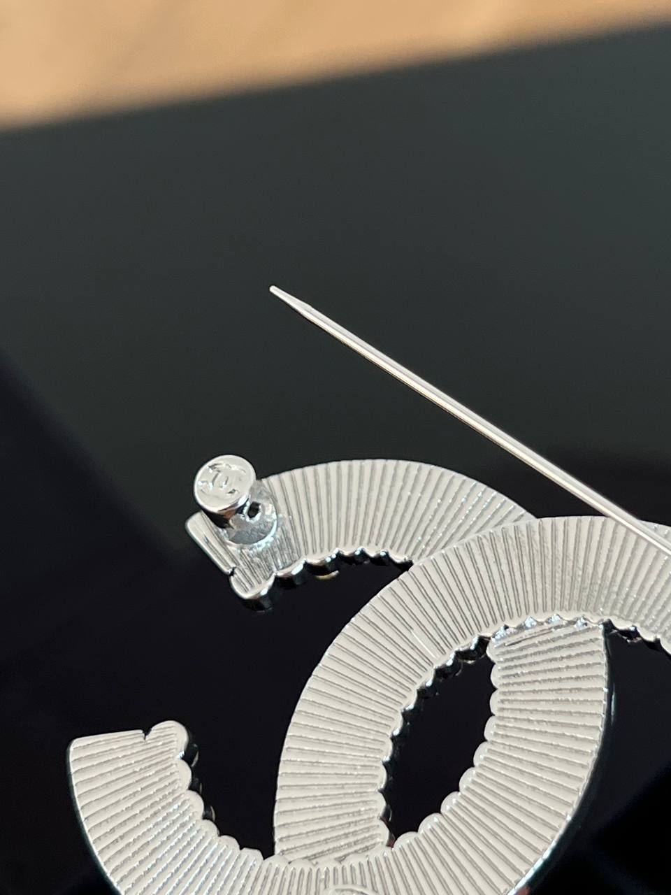 Chanel Silver Metal Baguette & Round Crystal Interlocking CC Brooch