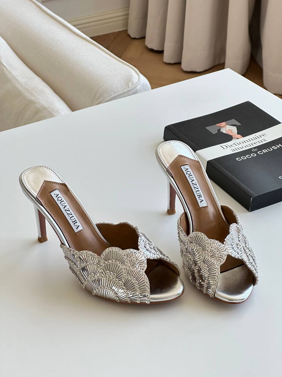 Aquazzura Silver Beaded Scalloped Open-Toe Stiletto Mules