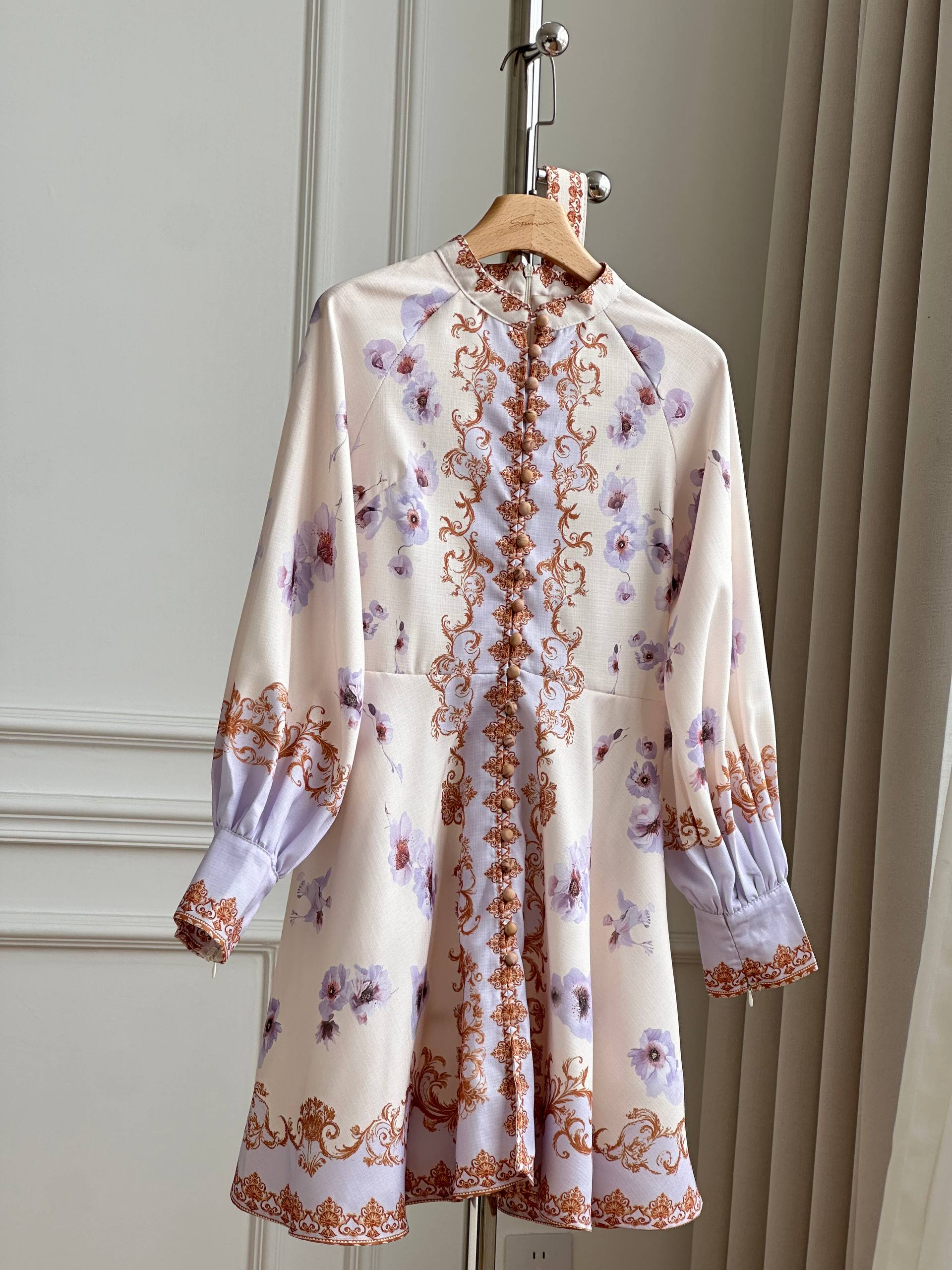 Stand Collar Button Front Floral Print Puff Sleeve Waisted Mini Dress