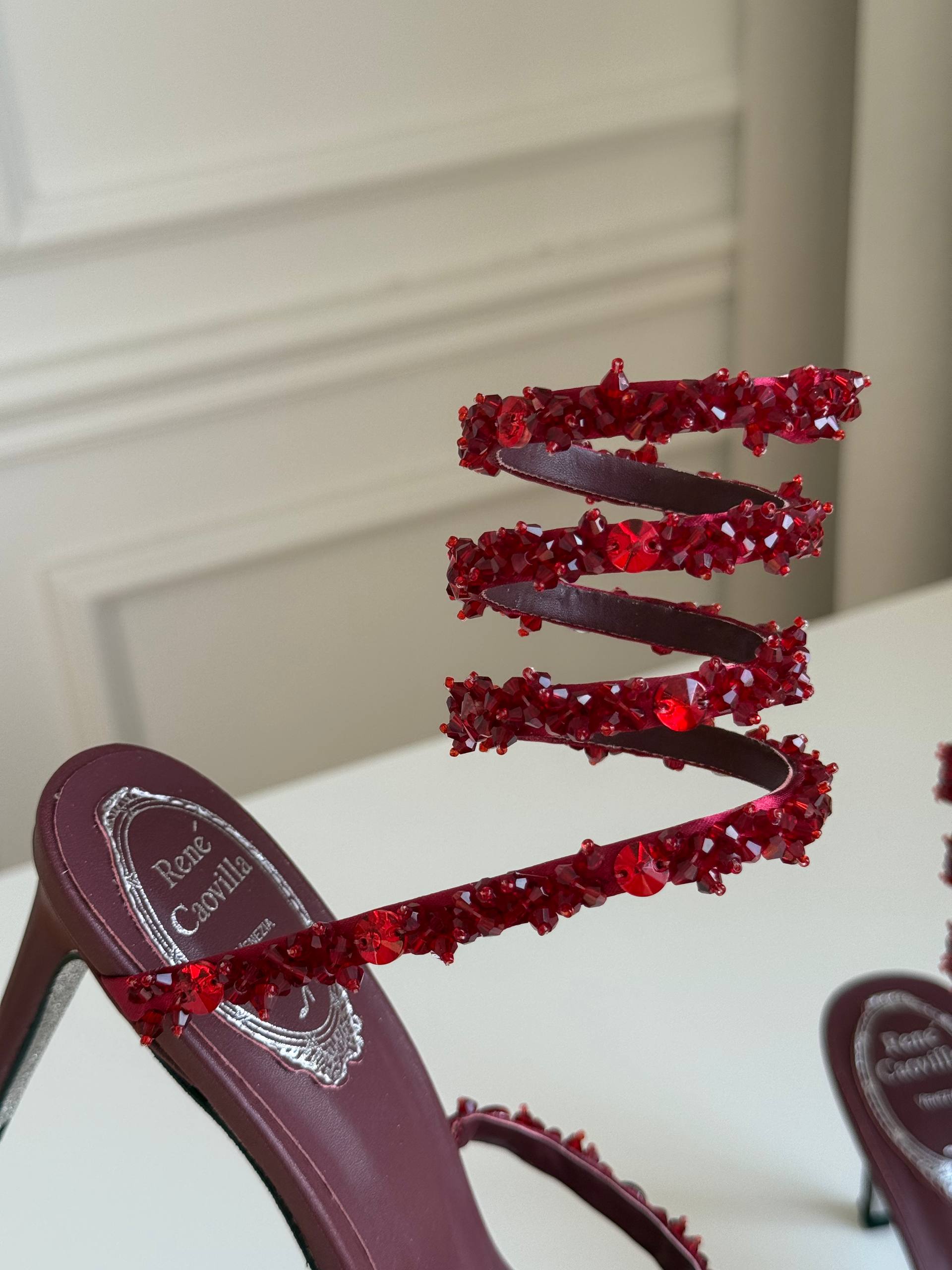 René Caovilla Cleo Burgundy Crystal Coil Strap Sandals