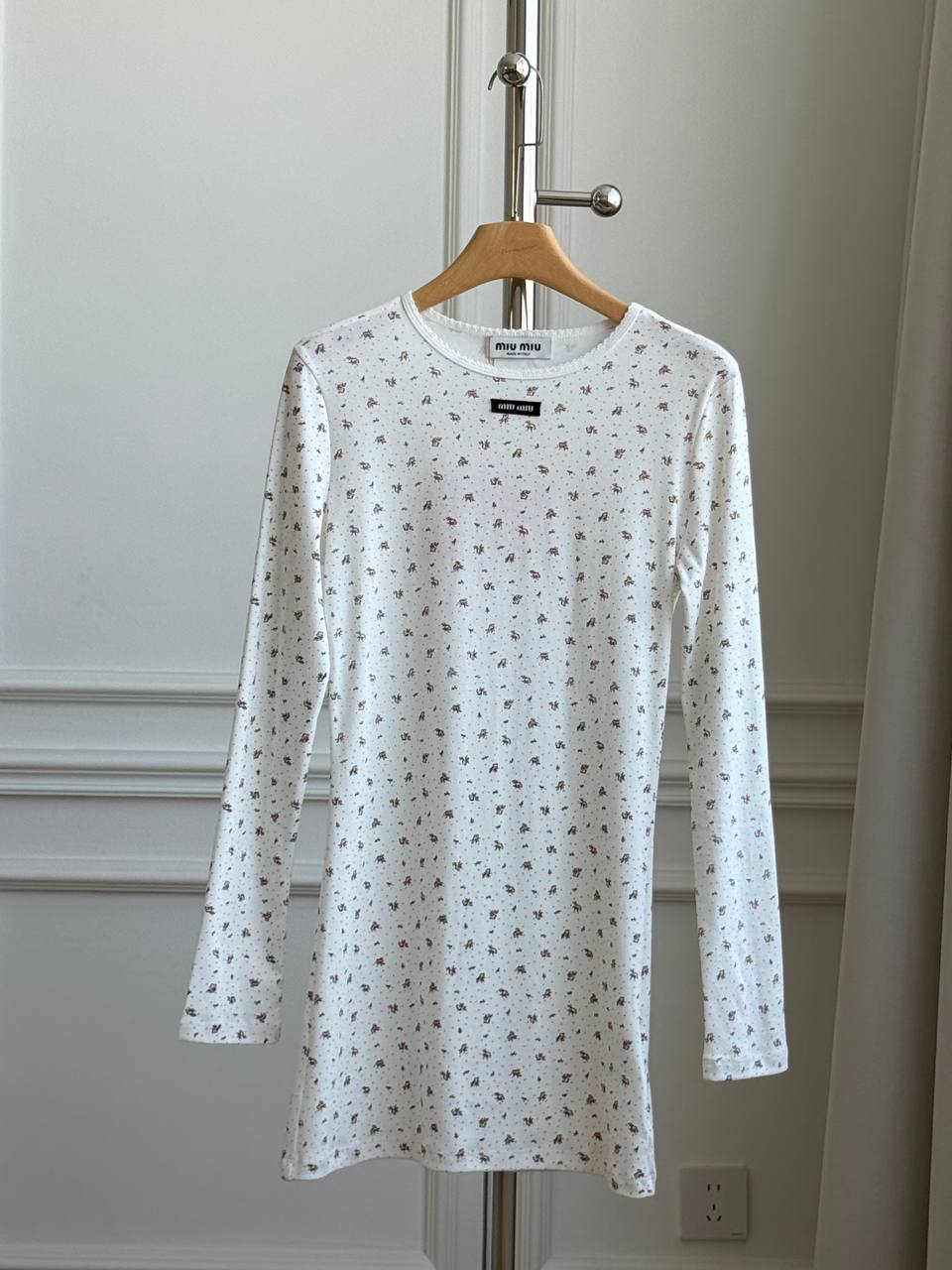 Miu Miu Floral Print Ribbed Jersey Long Sleeve Mini Dress