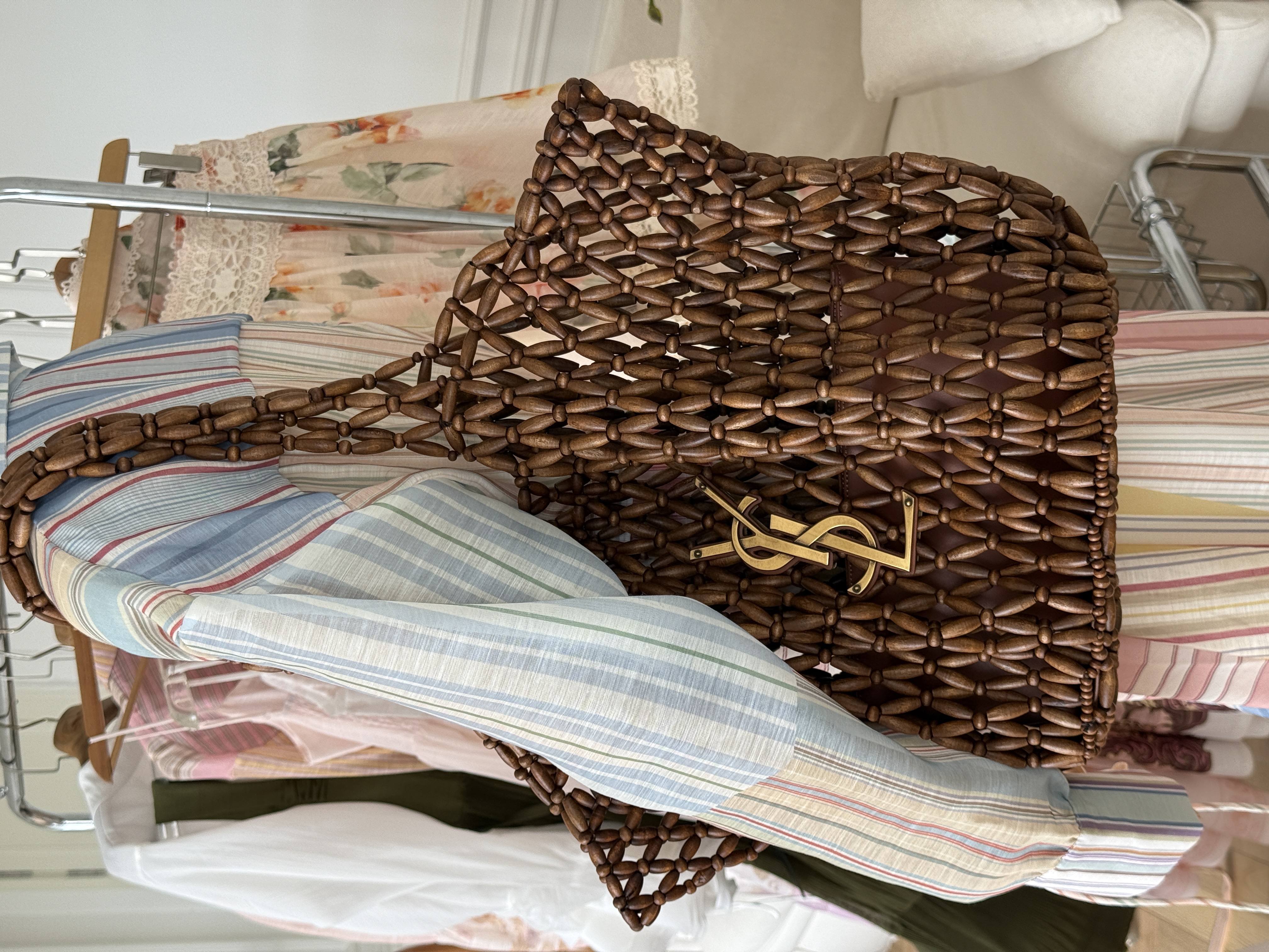 YSL Wooden Bead Open-Weave Tote Beach Bag