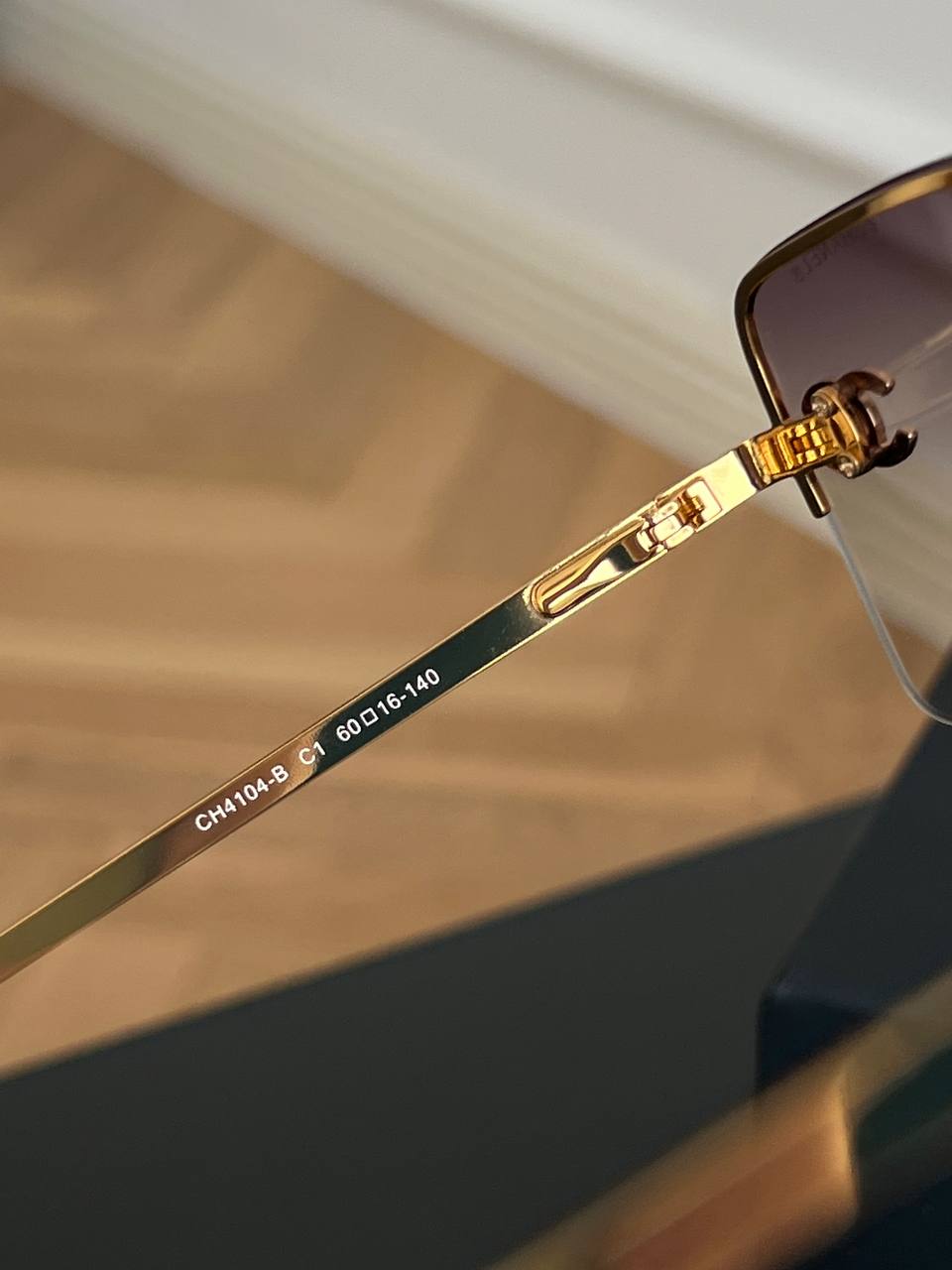 Chanel Gold Rimless Square Sunglasses With Crystal Interlocking CC Logo Gradient Brown Lenses