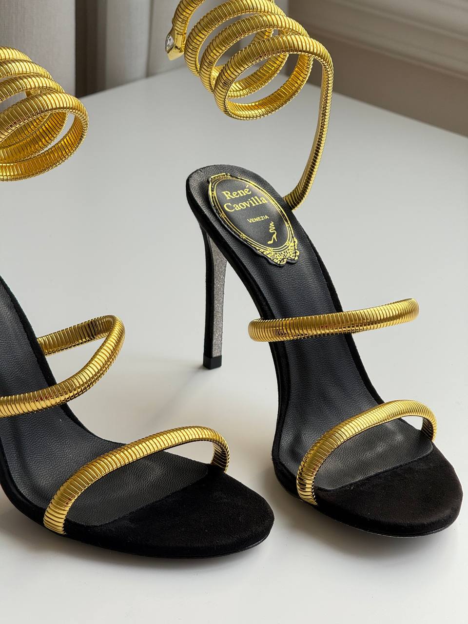 René Caovilla Cleo Gold Metallic Serpent Wrap-Around Stiletto Sandals