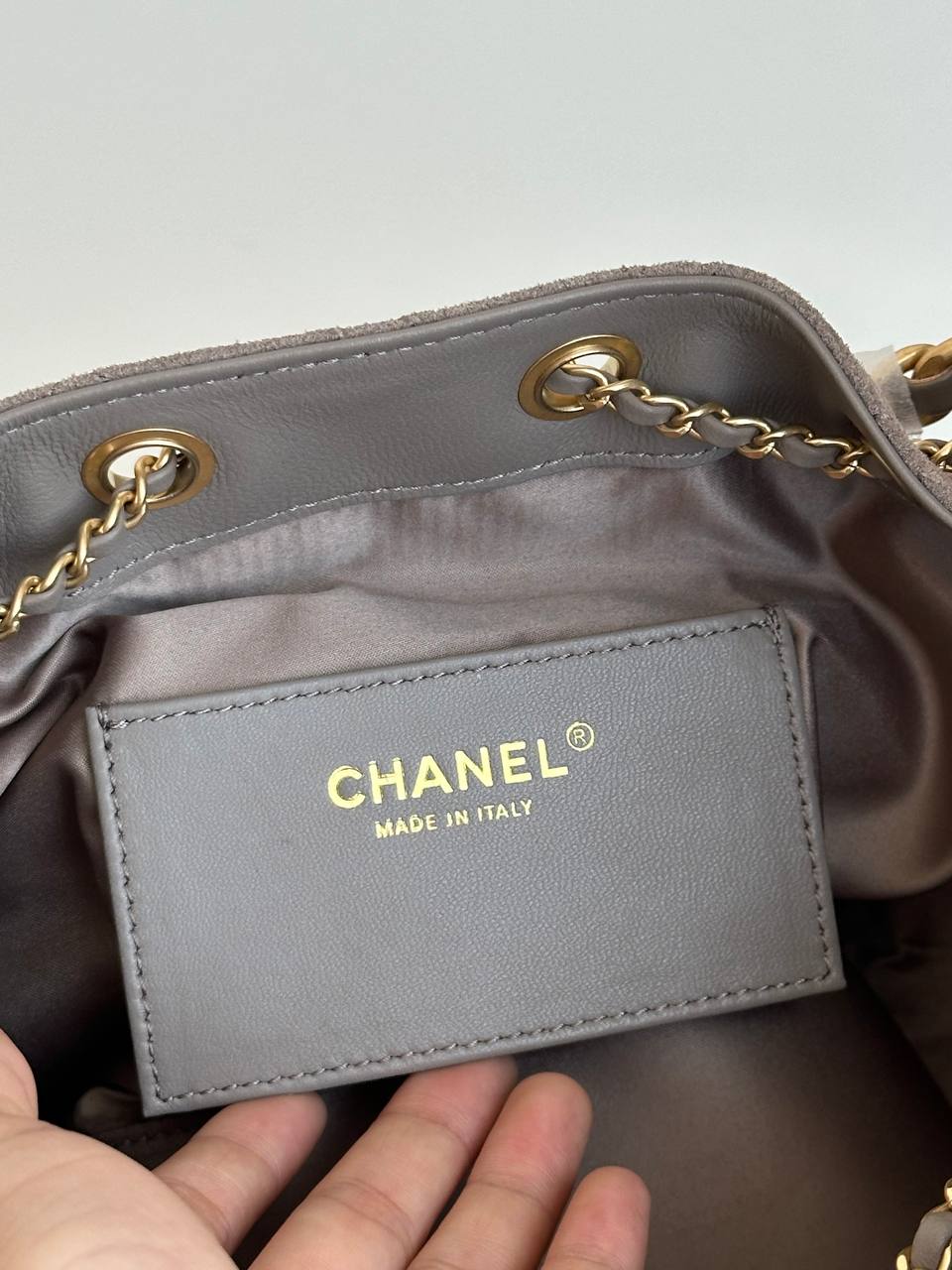 Chanel Taupe Suede Quilted Drawstring Chain Handle Tote Bag
