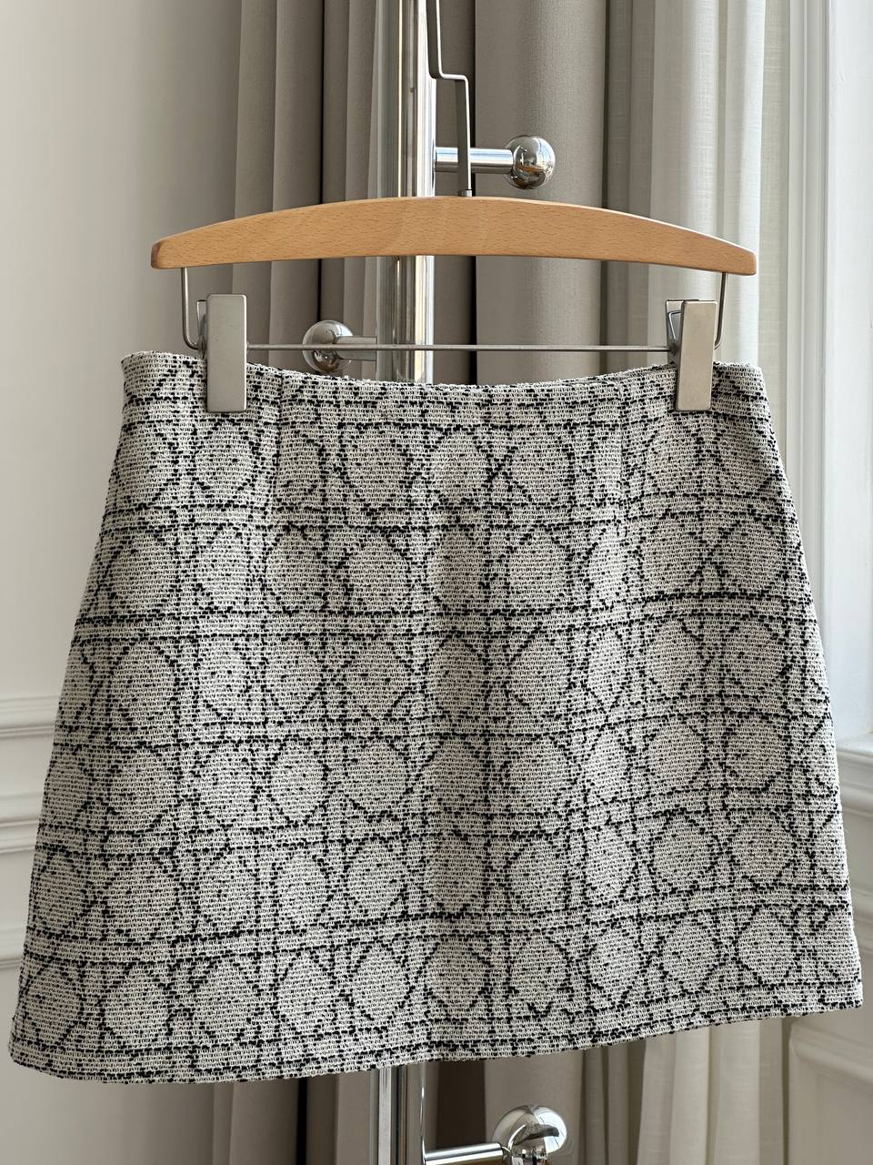 Black & White Tweed High-Waist A-Line Mini Skirt With Double Pearl Button Pockets