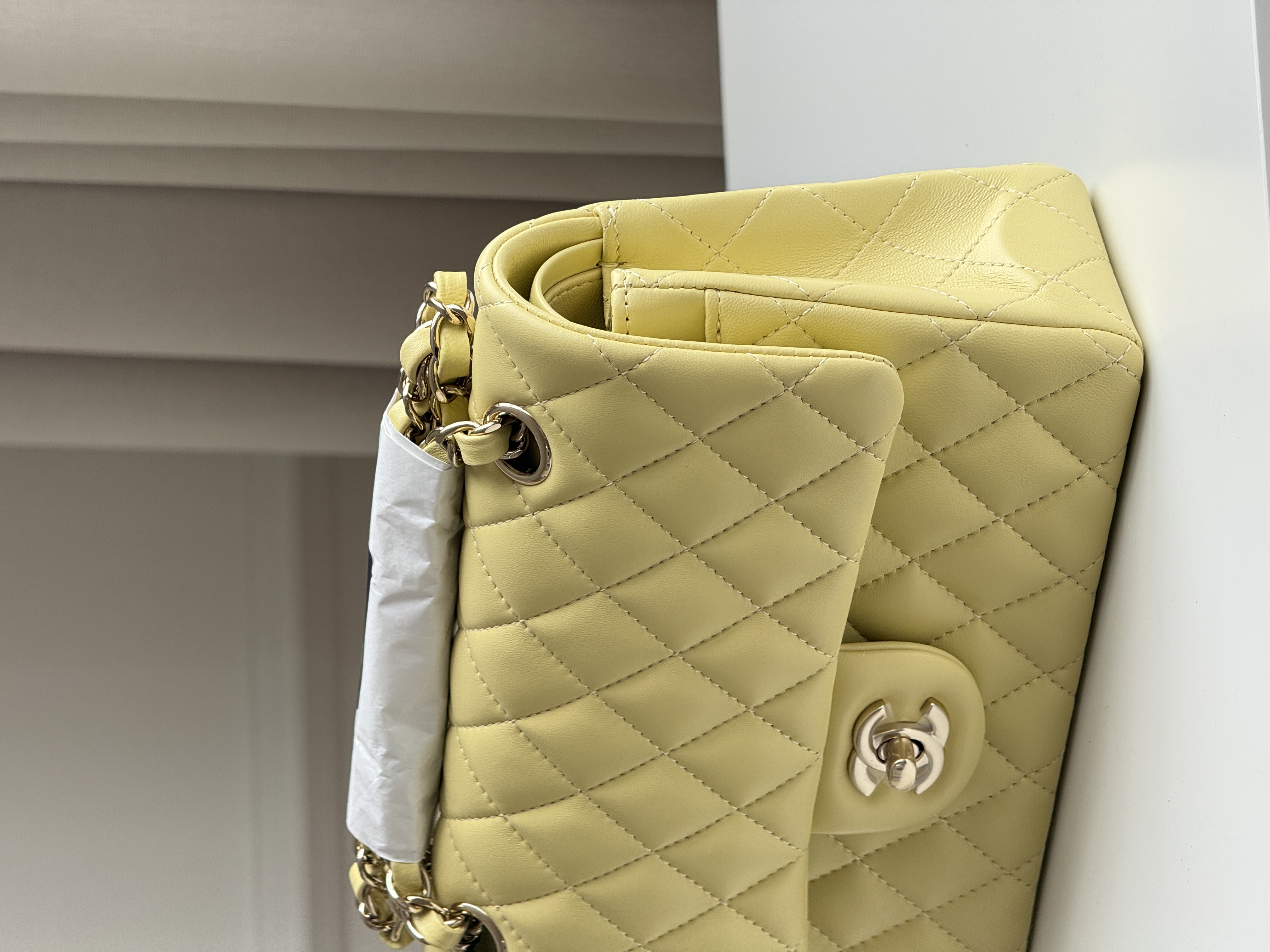 CHANEL Classic Flap Medium, Lambskin Classic Flap Bag in Pale Yellow