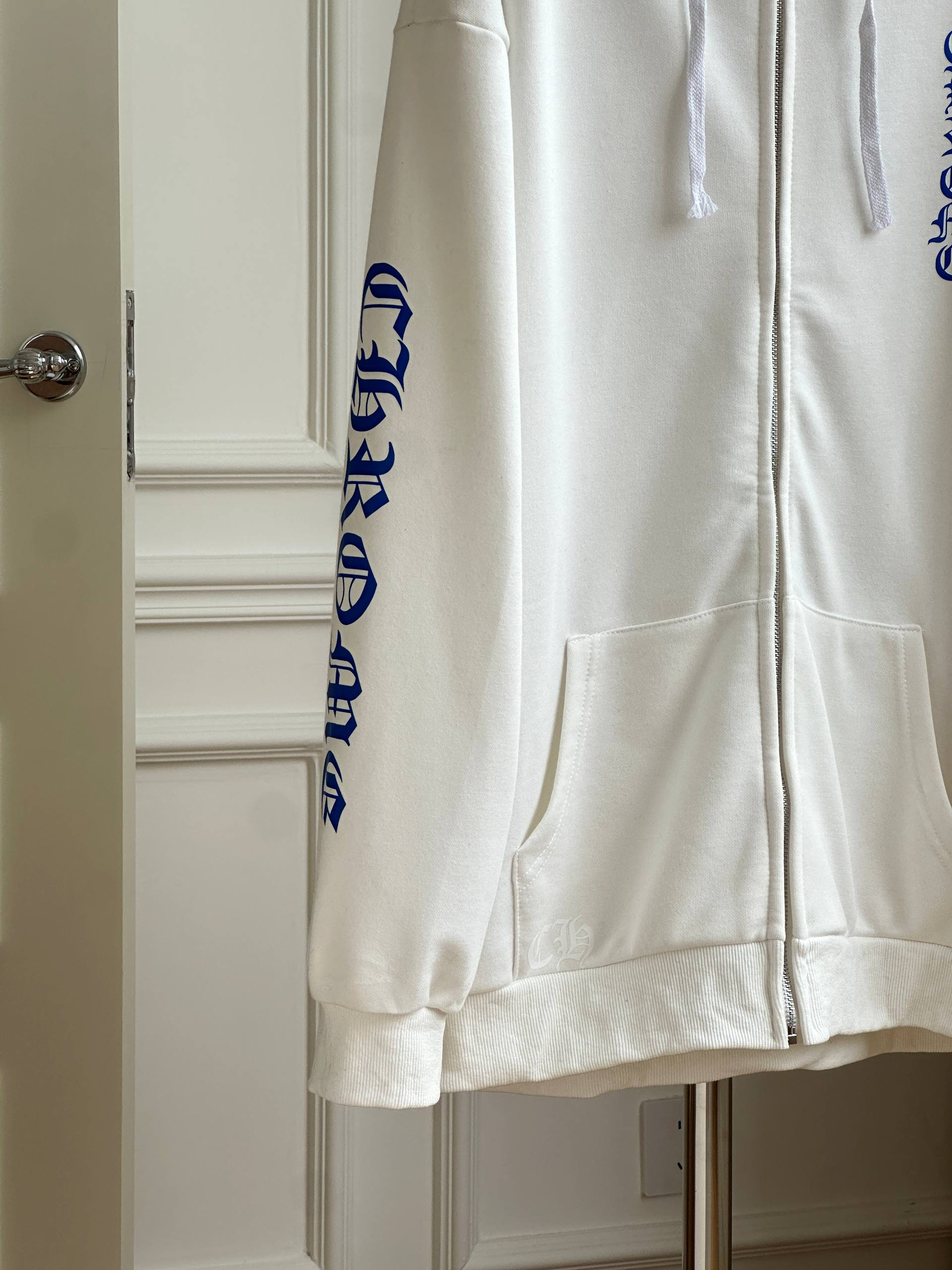 Chrome Hearts White Zip-up Hoodie with Blue Gothic Letter Print