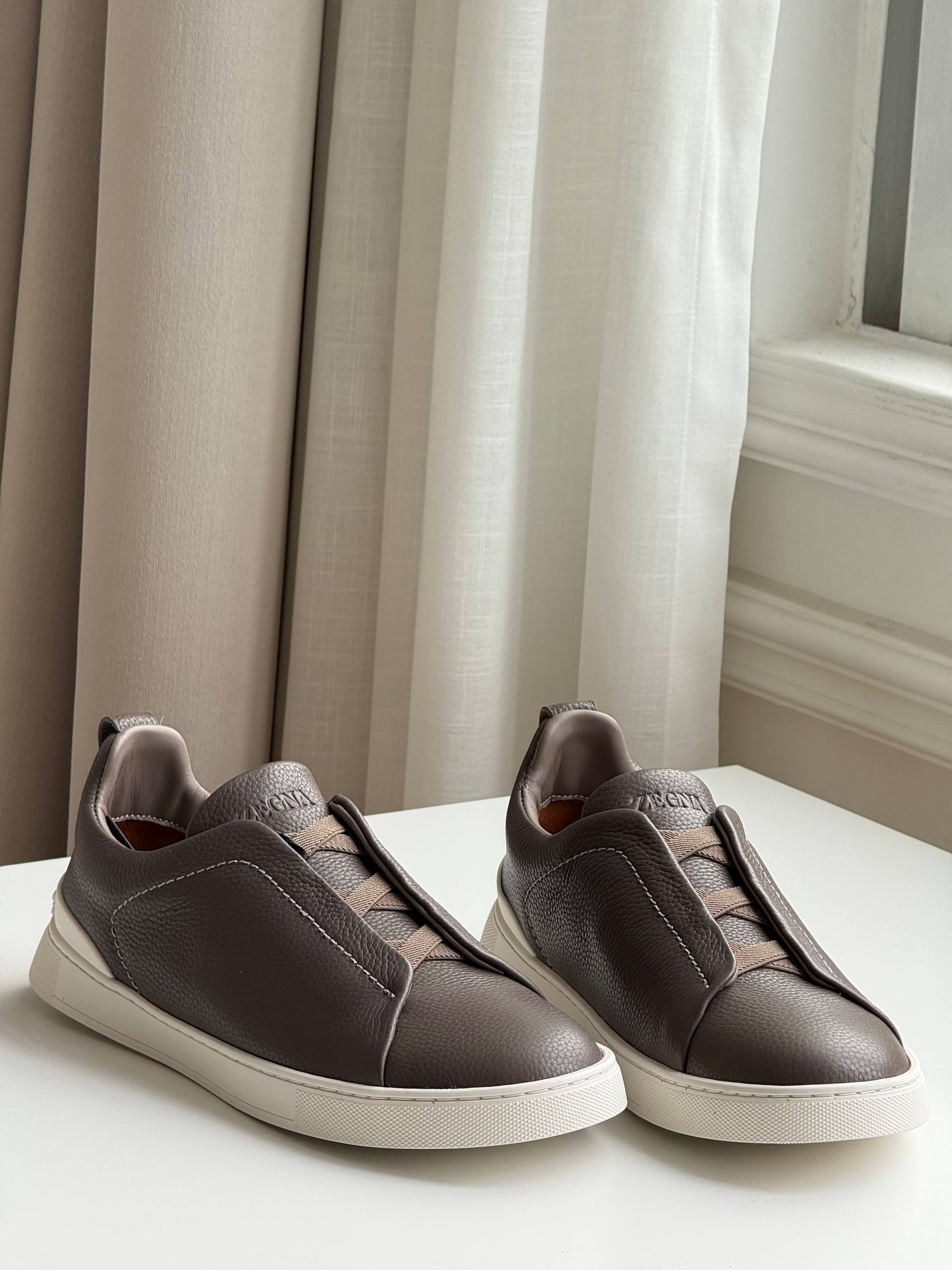 Zegna Triple Stitch Slip-On Elastic Cross Strap Leather Sneakers