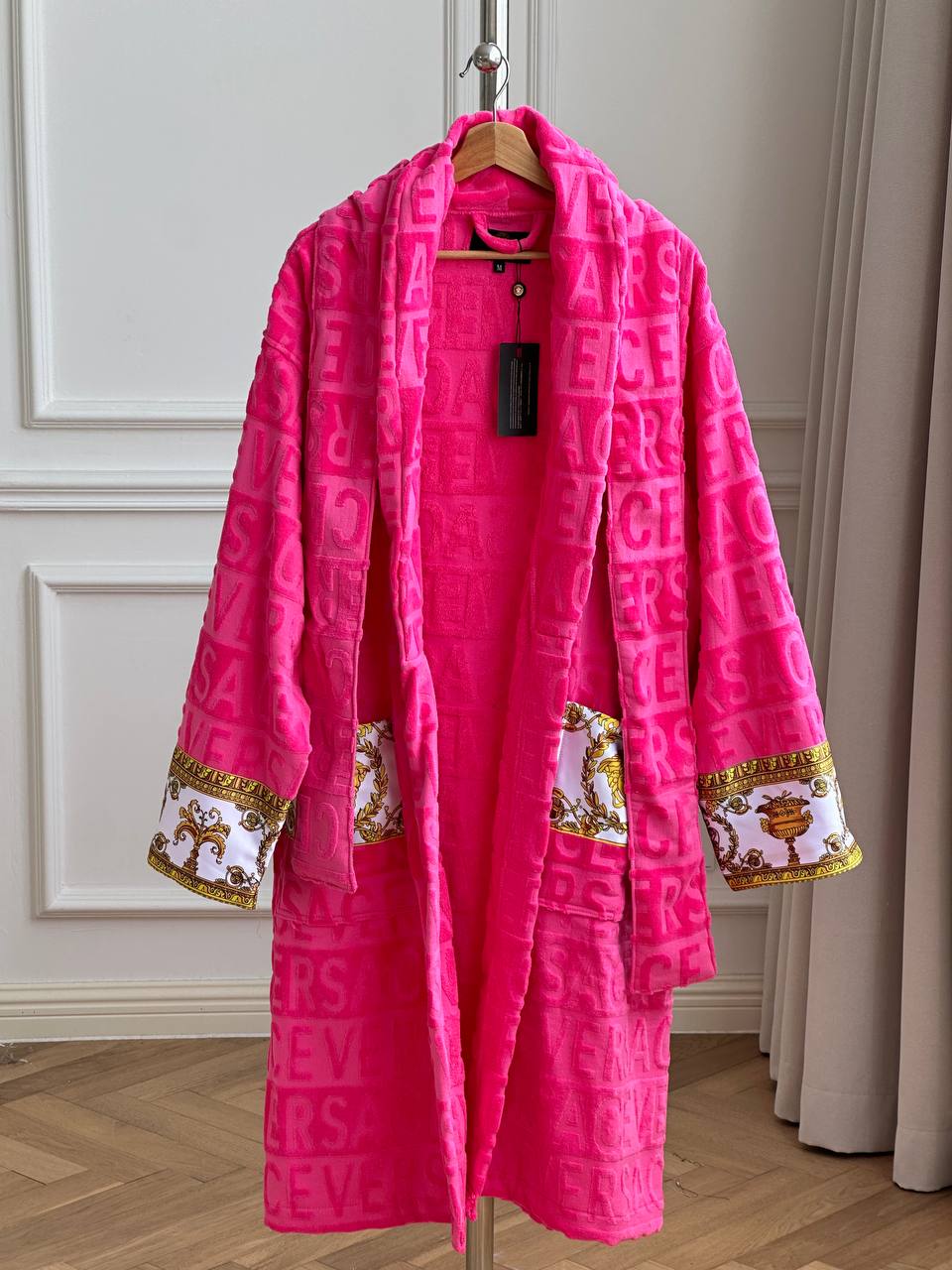 Versace I ♡ Baroque Pink Allover Logo Cotton Terry Bathrobe