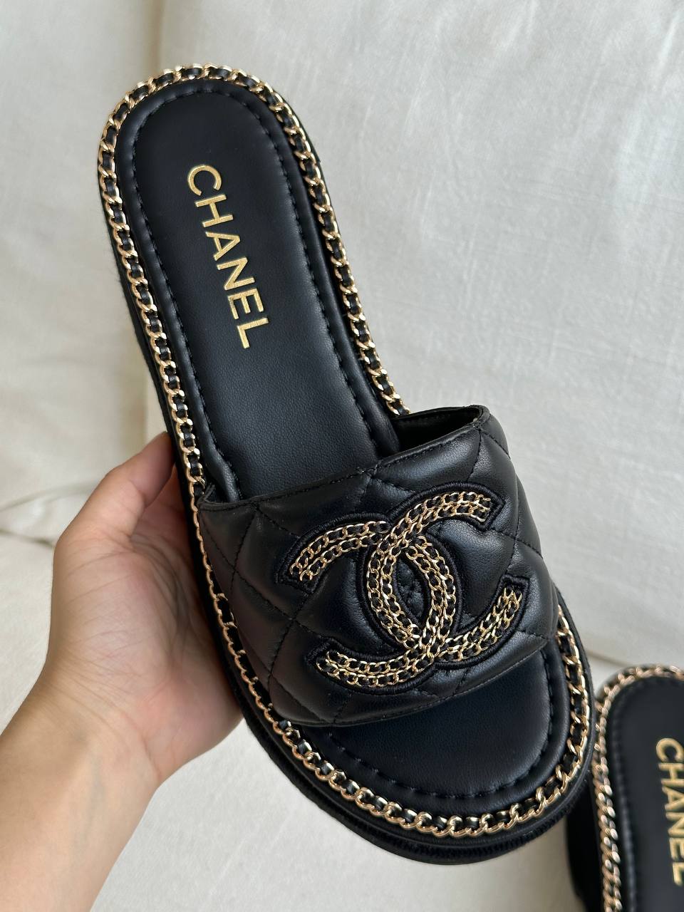 CHANEL Quilted Leather Wedge Sandals with Chain CC Logo