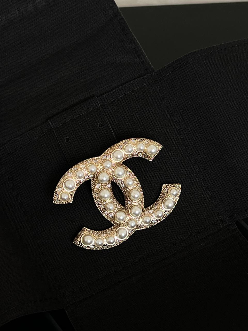 Chanel Vintage Gold Tone Pearl & Crystal Interlocking CC Brooch
