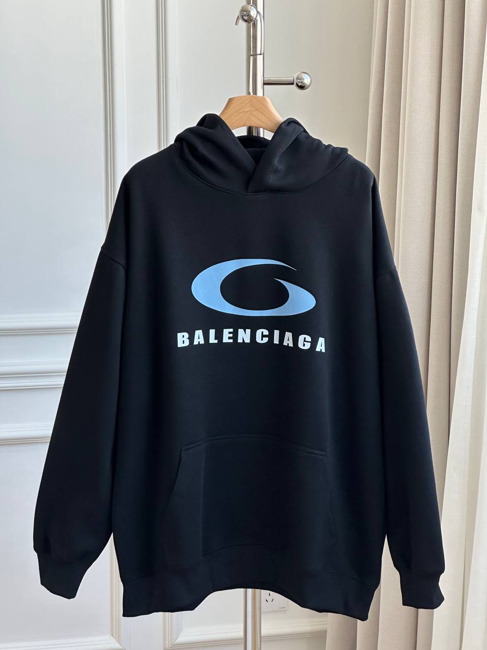 Balenciaga Black Hoodie With Light Blue Swirl Ring BALENCIAGA Logo Oversized Sweatshirt