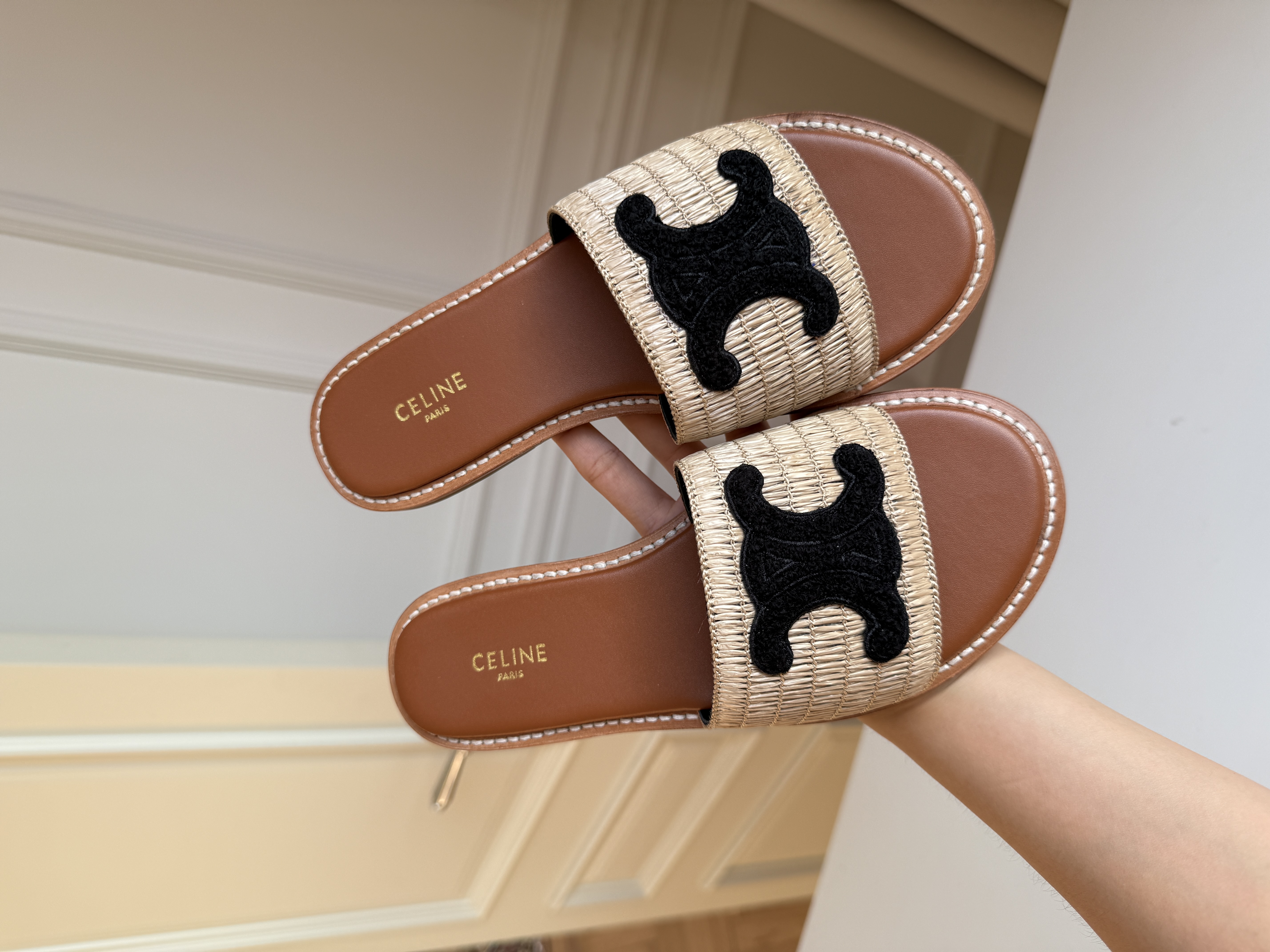 Celine Lympia Raffia Triomphe Slide Sandal