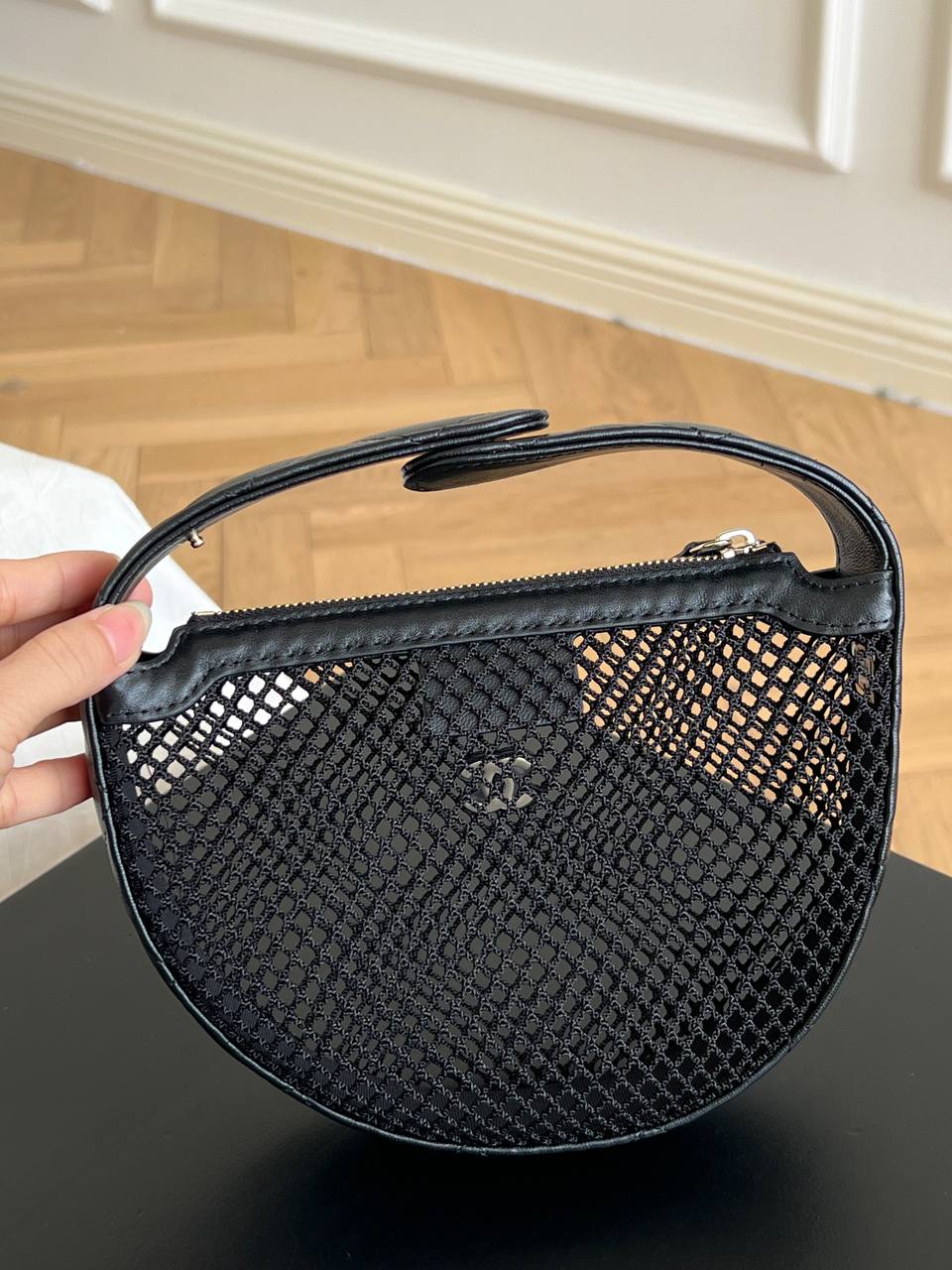 Chanel Black Hollow Mesh Gold CC Logo Semi-circular Top Handle Mini Bag