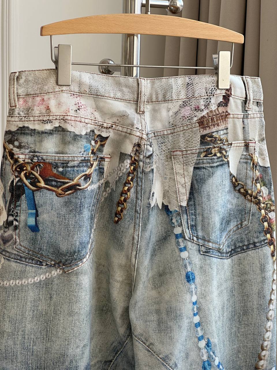 Acne Studios 25FW 2006 Wide-Leg Curved Jeans with Trompe-l'oeil Lace & Pearl Print