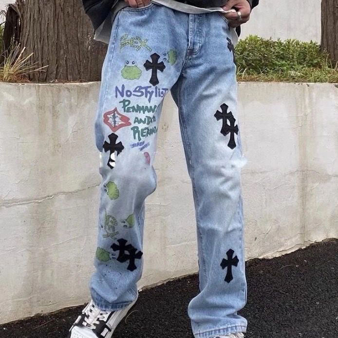 washed leather embroidery jeans