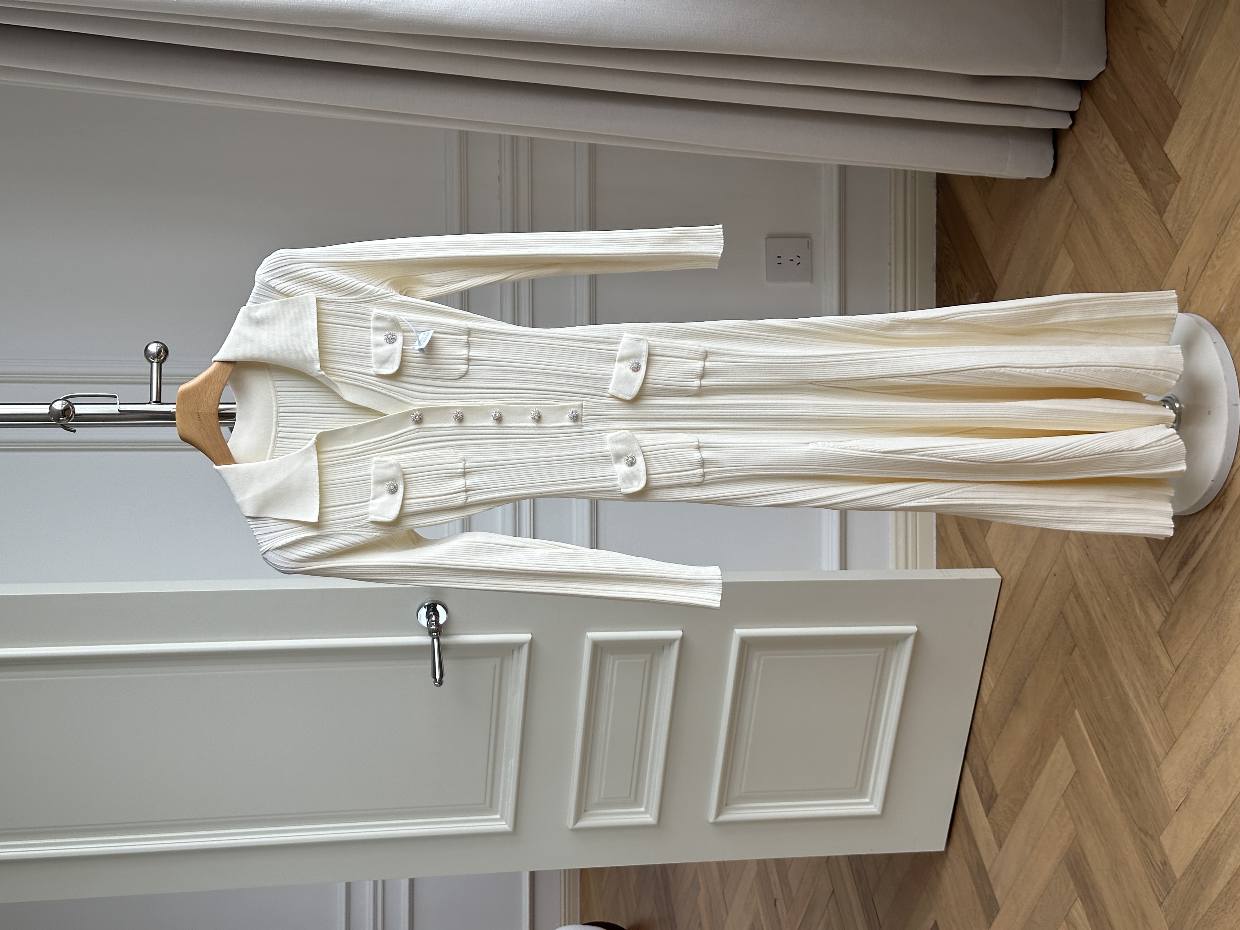 Chanel Style Collared Rhinestone Button Ribbed Knit Mermaid Maxi Dress